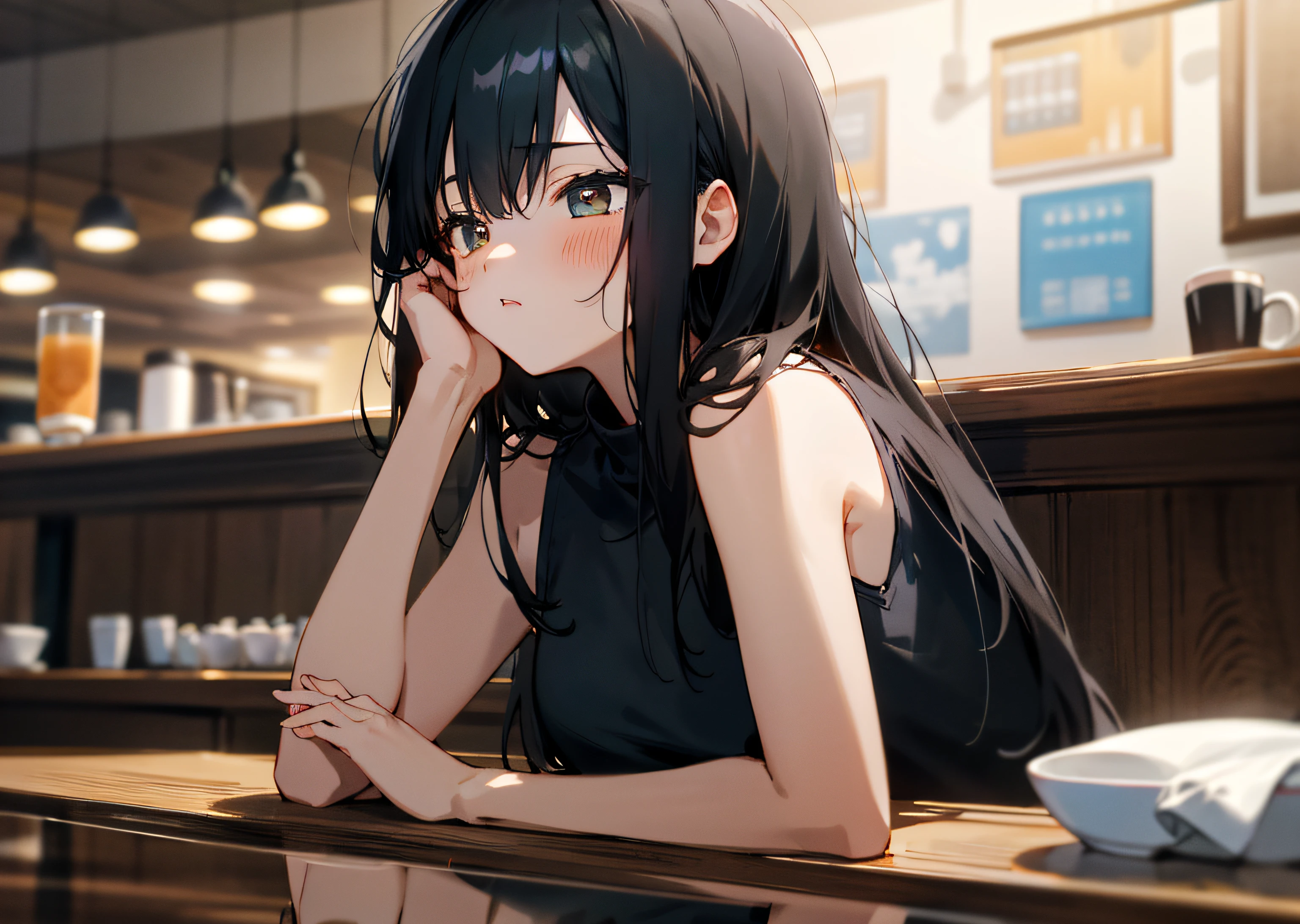 1girl in,   tables,  sleepeace, down face, Long black hair,Sleeveless、 natsu、cafes、Upper body,cup,
reflective light,ultra_Detailed:1.2