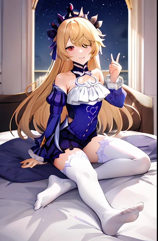 Very high quality,the best color anime art,Full body,fischlein,Stars,Meteor,holding luminous star in his hand,Sit on the edge of the bed,a look into the frame,Bedrooms,(crepuscular:0.7),(Purple fog:0.7),No shoes，Nice looking feet