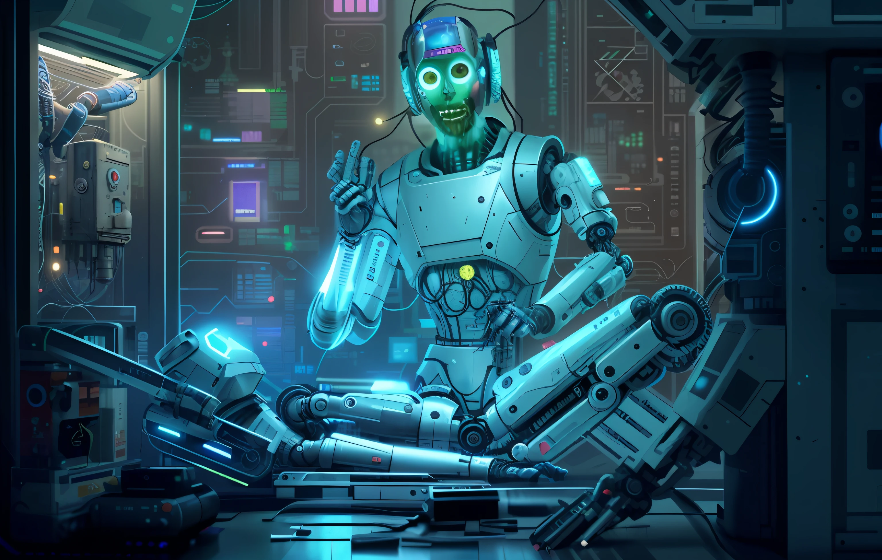 There is a robot, who sits on the table in the room, Cyberpunk style ， hyperrealistic, bionic scifi alexandre ferra, beeple and mike winkelmann, detailed cyberpunk illustration, advanced digital cyberpunk art, beeple and greg rutkowski, cyberpunk art ultrarealistic 8k, cyberpunk dark fantasy art, sci-fi digital art illustration, in cyberpunk style