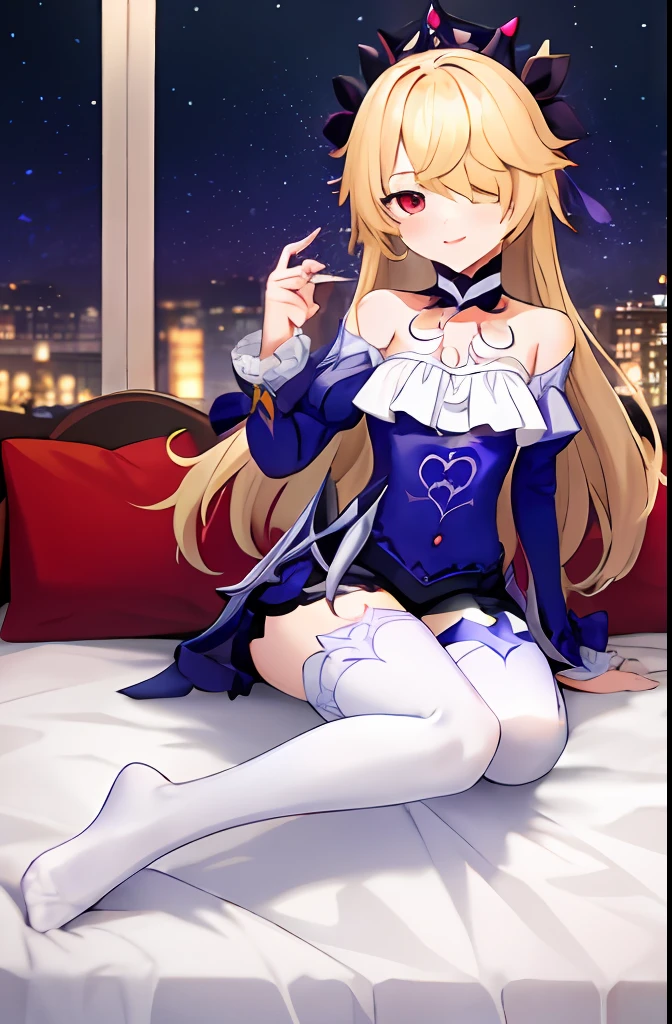 Very high quality,the best color anime art,Full body,fischlein,Stars,Meteor,holding luminous star in his hand,Sit on the edge of the bed,a look into the frame,Bedrooms,(crepuscular:0.7),(Purple fog:0.7),No shoes，Nice looking feet