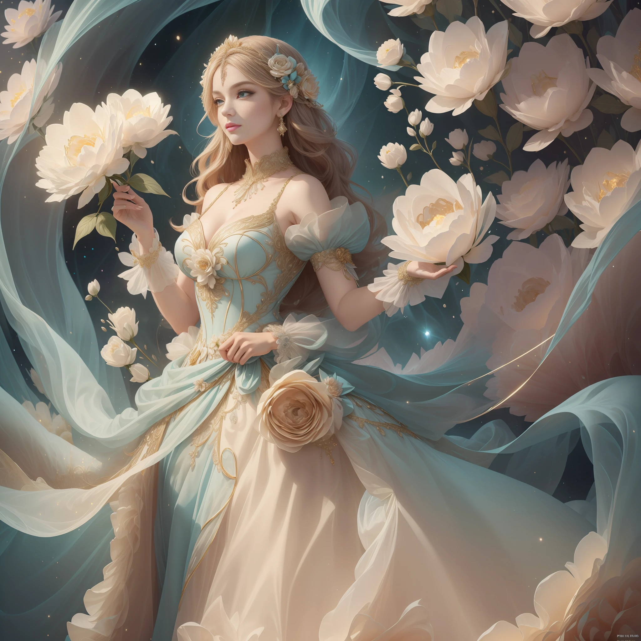 a goddess wearing a majestic light teal and gold ball gown dress, big beautiful dress, intricate puffy ball gown with lots of ruffles and rhinestones (Masterpiece, Top Quality, Best Quality, Official Art, Beautiful and Aesthetic: 1.2), (1 Flower), Full Body, Extremely Detailed, (Fractal Art: 1.3), Colorful, Most Detailed