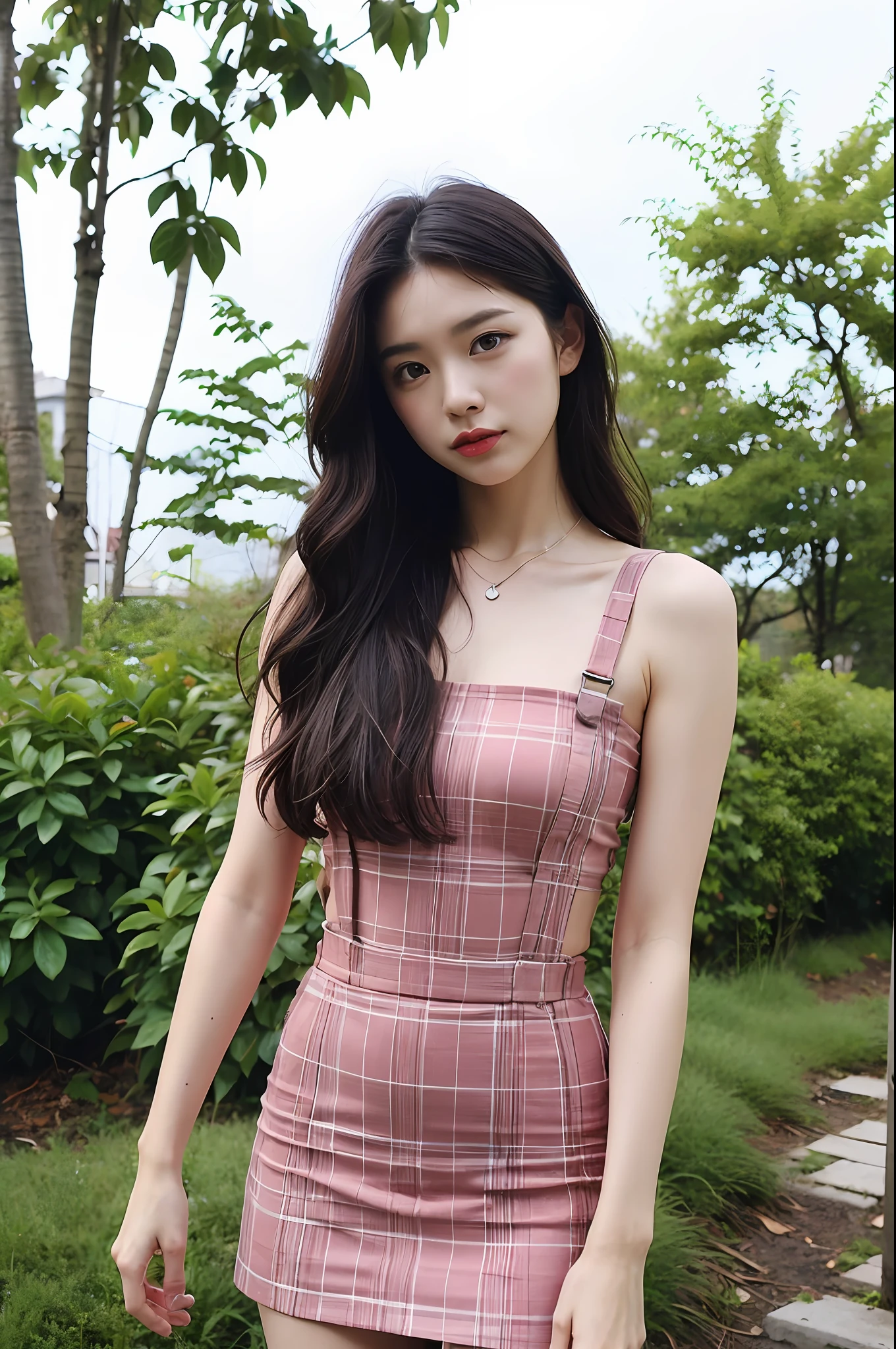 (Highly detailed body,Highly detailed face,best possible quality:1.2) ,a woman with,Look at Audience,(White suspenders,JK skirt black),(Pink bougainvillea chaos in the background:1.4)
