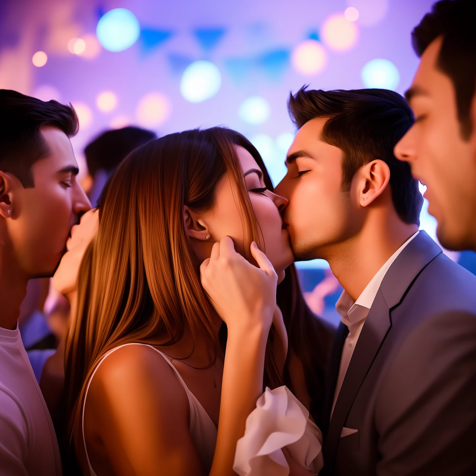 A moment captured where at a party and alot of people, the girlfriend is standing, looking shocked, as the other guy unexpectedly kisses her. The scene can convey surprise and confusion. realistic --auto