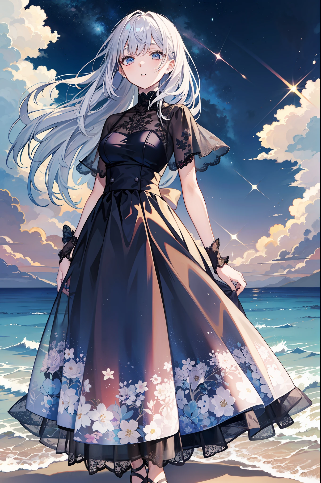 Diagonal angle from below,full body,Animated picture, Full View, very beautiful girl about 20 years old, model with high head height, shiny silver hair, walking on the beach in the sea at night with full of stars, dark beach lit only by stars and moonlight, starry sky clearly visible, dress with beautiful lace and sheer floral pattern, Hair and skirt fluttering in the wind, Extremely high quality, High image quality, extremely delicate writing