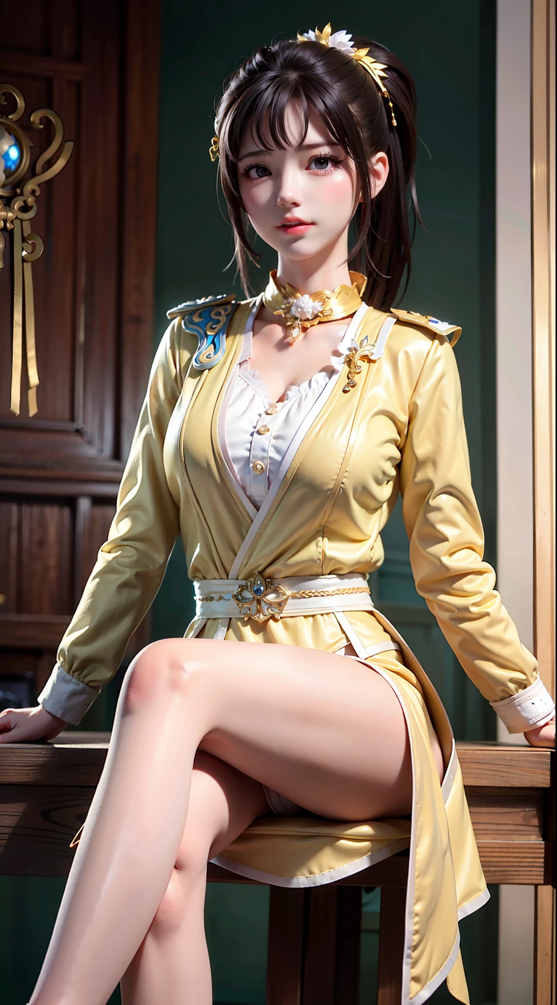 巨作,Best quality,1girl huge large breasts, Sitting,Crossed legs,