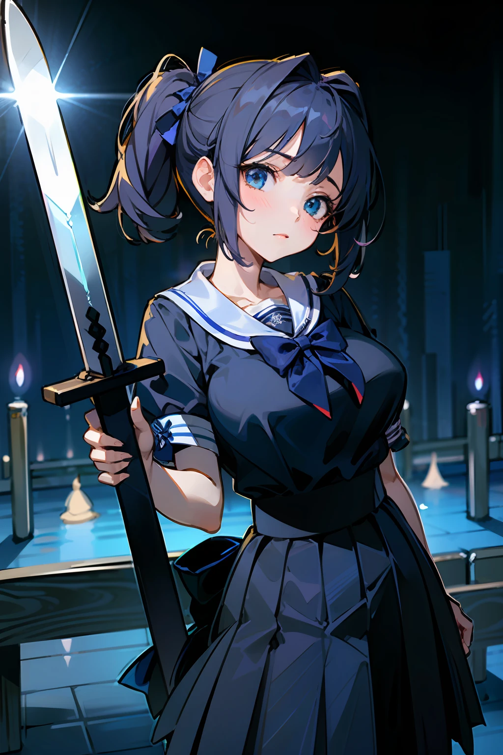 softlighting,1girl huge large breasts,Extremely beautiful face,chest wrap,putdownhands,Casual hairstyle,The expression is casual,big eyes,,Alvine,(Short-sleeved jack_shirt),JK_Style,(Dark Blue Jack_Skirt),(Bow Jack_tie),Holding a glowing sword in his hand