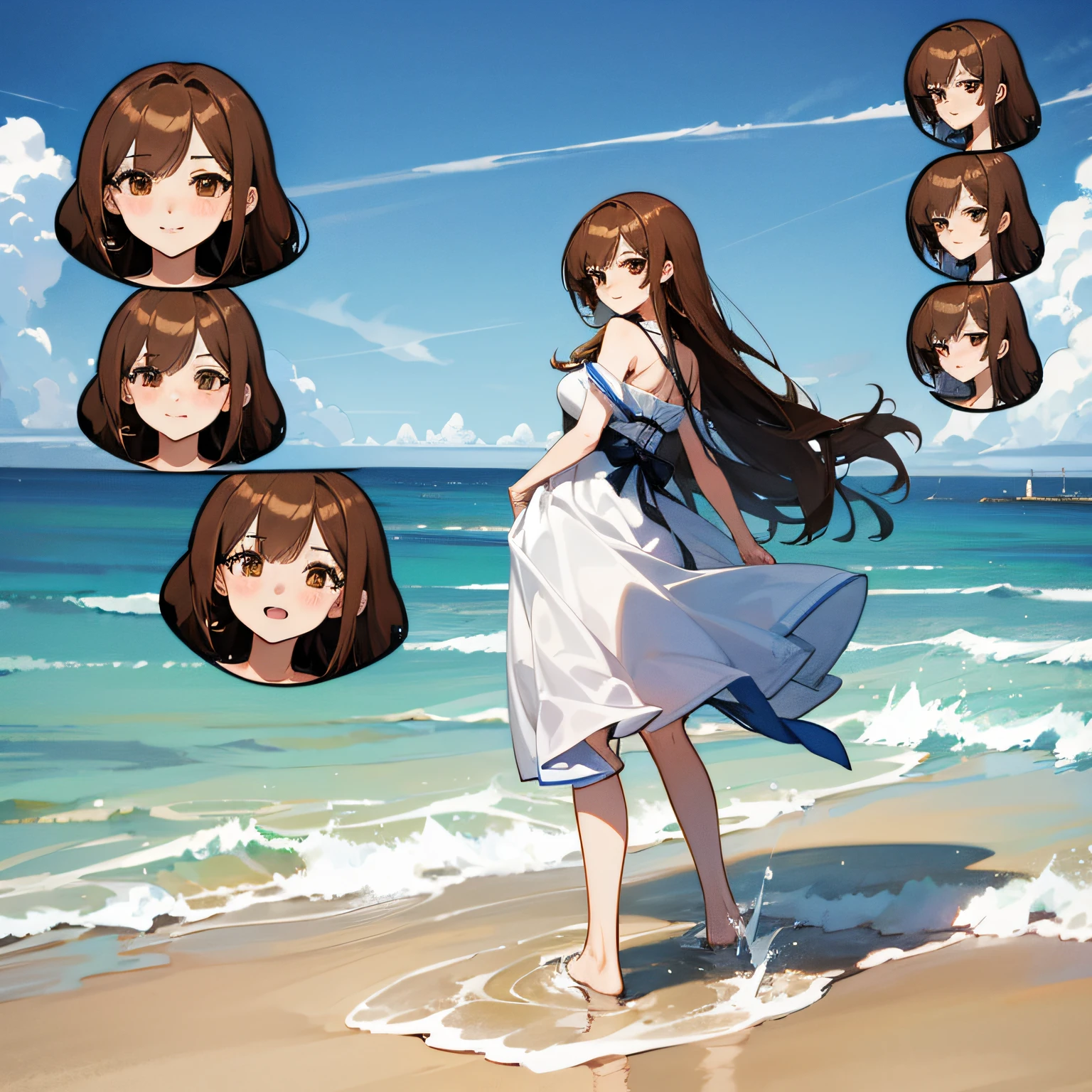 Anime older sister with long brown hair and brown eyes,standing at the beach, come from《I was trapped inside for a thousand years》comic strip, azur lane style,The wife is shy and shy,swimsuiti,Pose poss,Splashing splashes, fullbody pic,anime visual of a cute girl, Anime moe art style, anime goddess, Marin Kitagawa fanart --auto