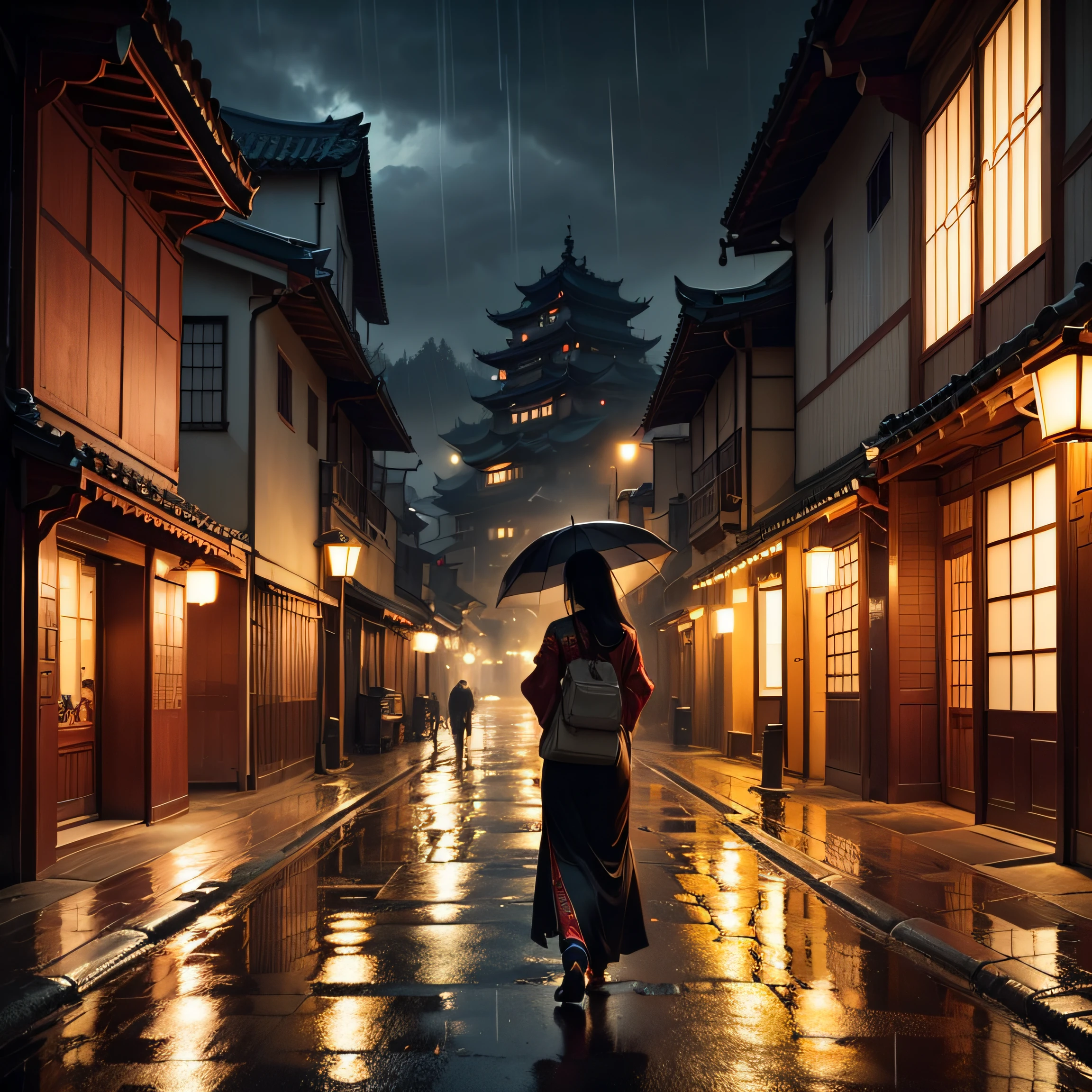 Arafed view of a village,a lot of lights on the buildings,dreamy Chinese towns,Chinese Village,amazing wallpapers,A Japanese town,Japanese village,surreal photo of a small town,old asian village,japanese city,Raymond Han,rainy evening, Cyberpunk ancient Chinese castle, Well-lit building, In the evening in the rain, Beautiful and aesthetic, fotograpy, the movie, 8k, High detail ((heavy rainy)) inthestreet,There is a beautiful and sexy one,length hair((Oriental Maiden)),Dressed in a cheongsam,(Rain ·8K) --auto