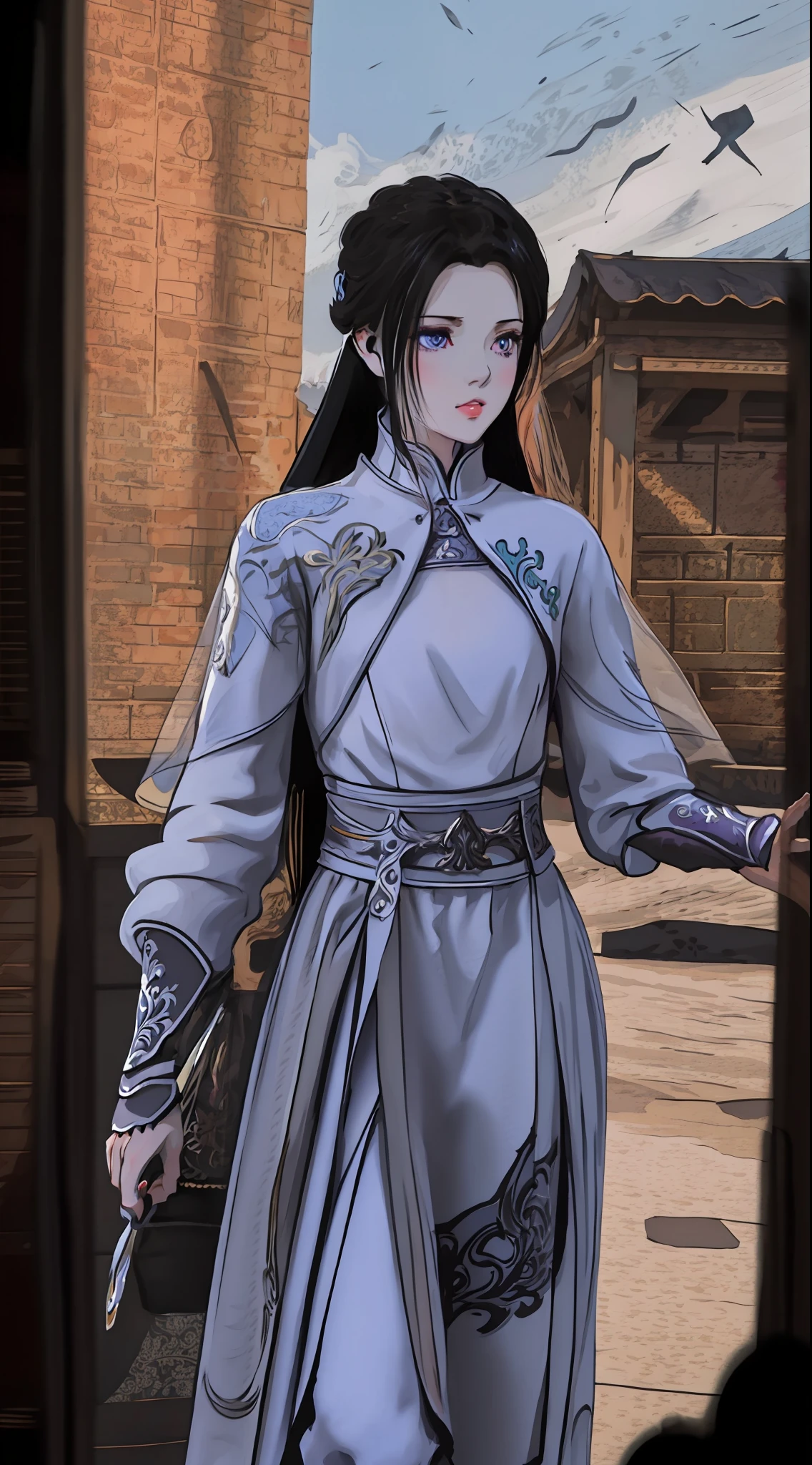 masterpiece, (best quality:1.4), (ultra highres:1.2),4K quality, (delicate illustration:1.4),(8k, RAW photo:1.2),1girl,veil, purple eyes,armor, dress, thighhighs, thigh boots,  cowboy shot,