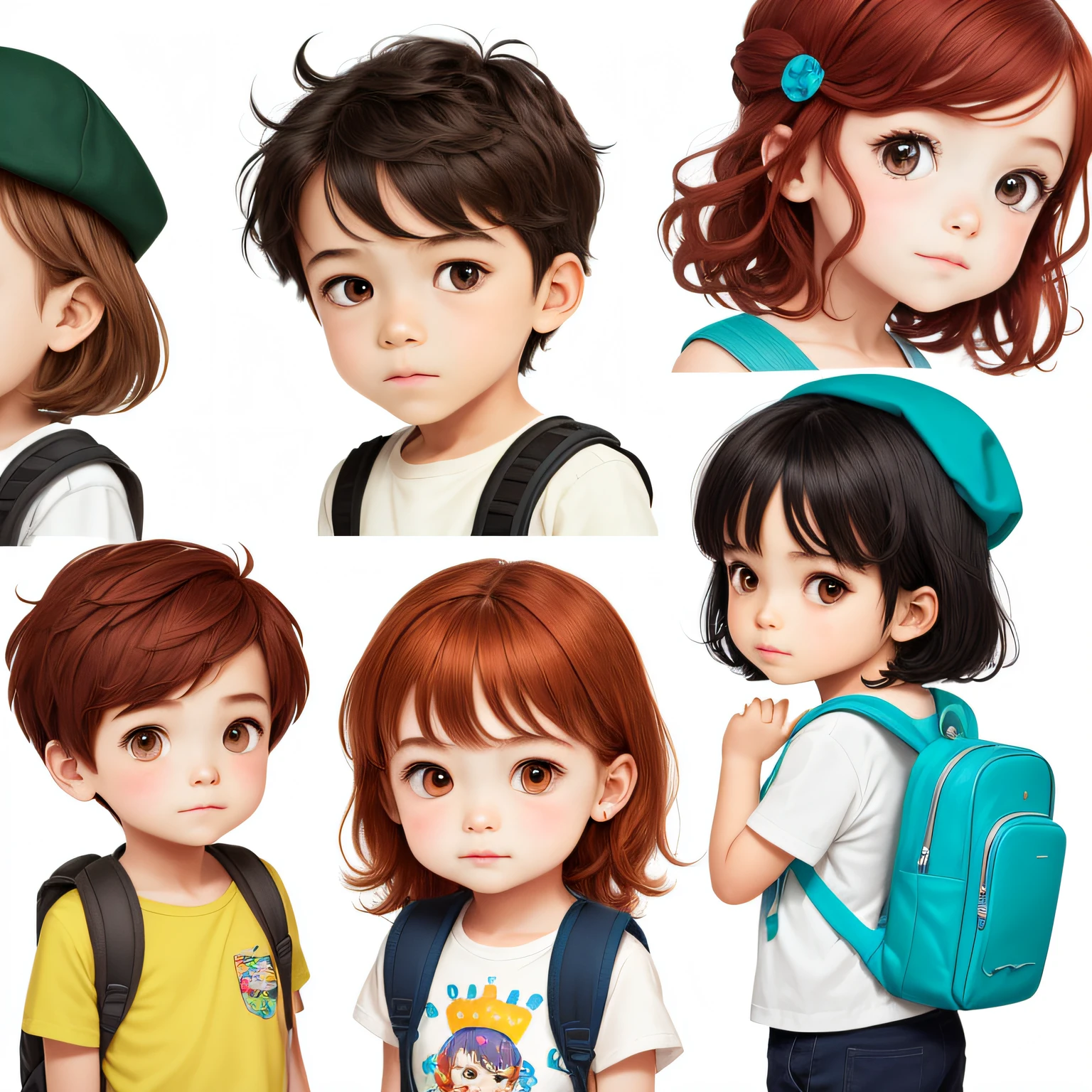 two children, a boy with dark hair and a girl with red hair, in various poses and expressions on white background, children's book illustration style, simple cute, 6 years old, without hat, without glasses and with backpack in cartoon style showing the whole body