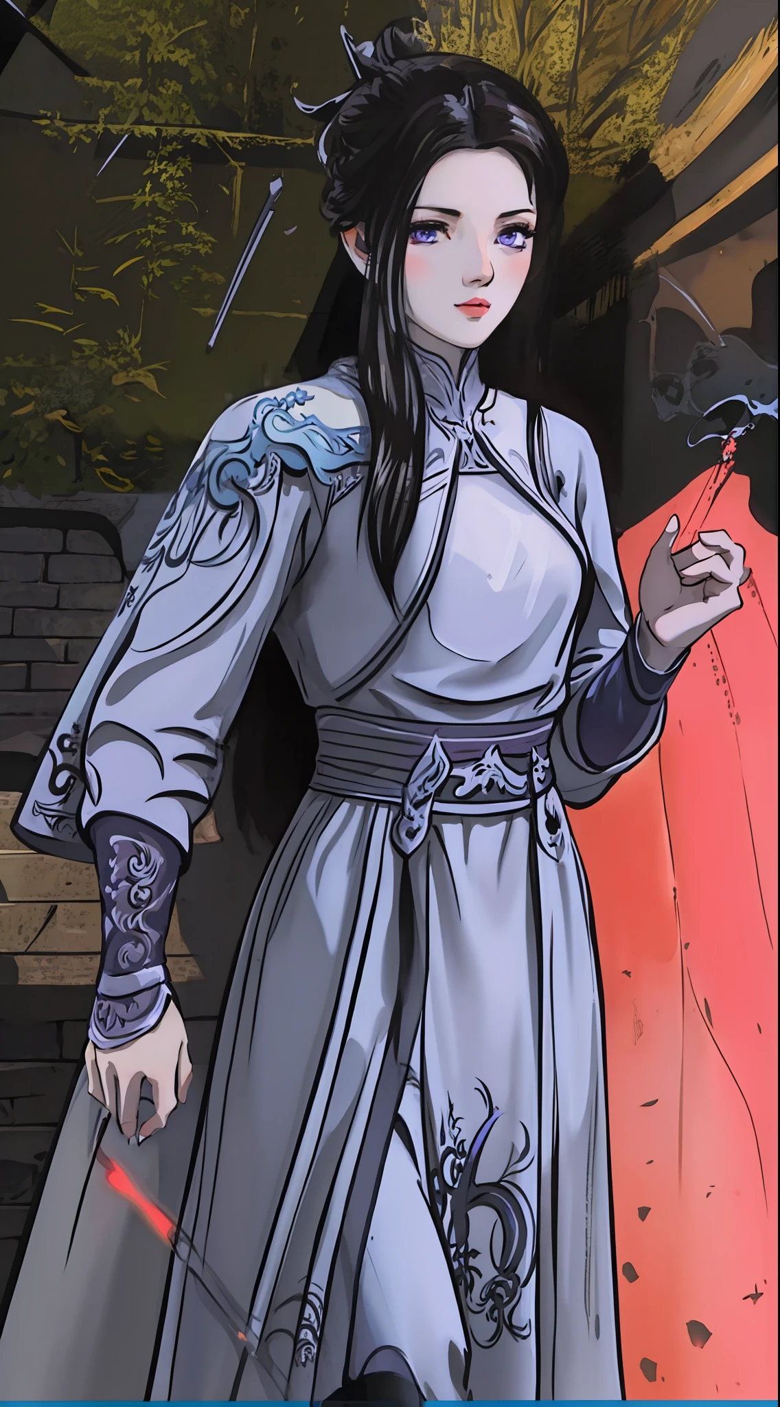 masterpiece, (best quality:1.4), (ultra highres:1.2),4K quality, (delicate illustration:1.4),(8k, RAW photo:1.2),1girl,veil, purple eyes,armor, dress, thighhighs, thigh boots, cowboy shot,