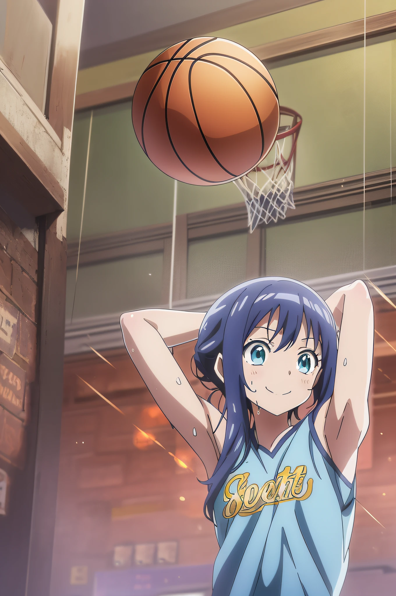 (beste-Quality,アニメ,Anime Art Style:1.2), Young girl, ars, the sweat、Playing Basketball,Intense angle、Strenuous movements,looking away,Looks fun、smile on face
