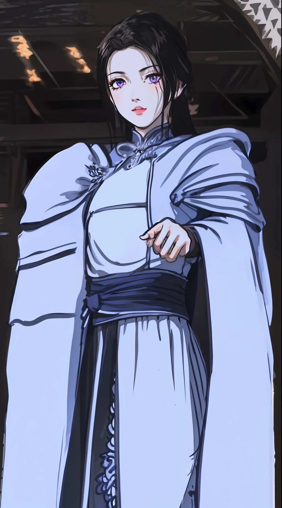 masterpiece, (best quality:1.4), (ultra highres:1.2),4K quality, (delicate illustration:1.4),(8k, RAW photo:1.2),1girl,veil, purple eyes,armor, dress, thighhighs, thigh boots, cowboy shot,