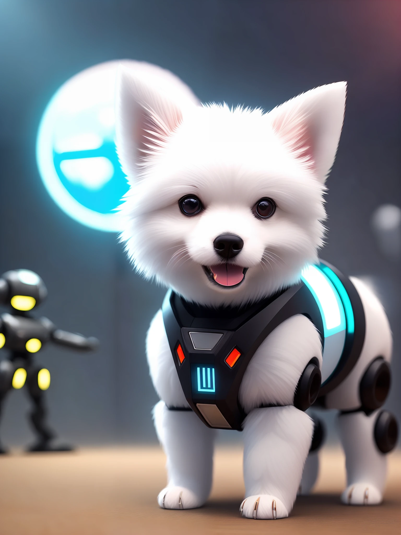 A cute white fur Pomeranian made of metal,Robots,cyber punk style,((Complicated details)),hdr,((Complicated details,Ultra-detailded)),Cinematic shots,vignet,White hair,White pets,White puppy