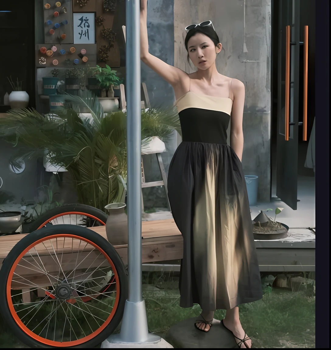 There was a woman standing next to a pole，A bicycle in the background, Bandeau Dress, inspired by Gao Cen, inspired by Gao Xiang, Inspired by Tang Yifen, inspired by Tang Di, inspired by Dai Xi, inspired by Gao Qipei, shaxi, summernight, inspired by Yang Weizhen, inspired by Guo Xi