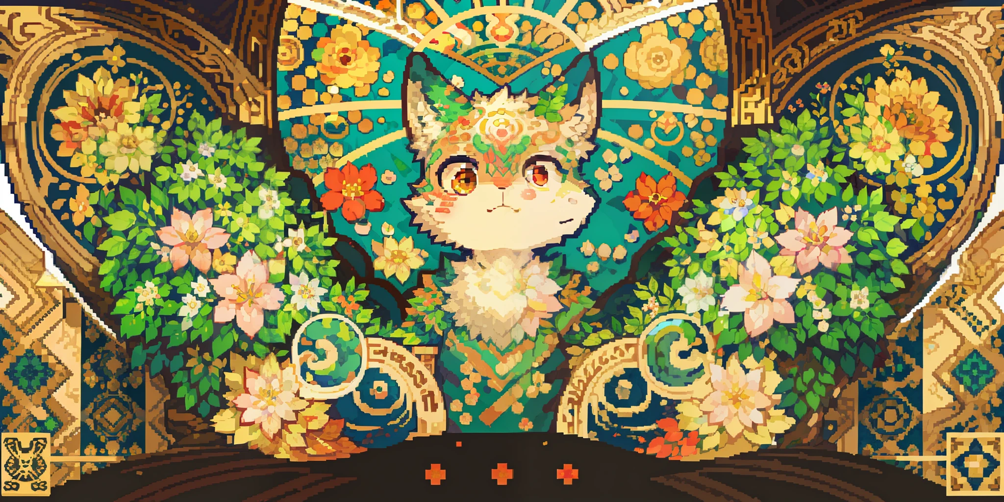 top quality, best quality, logo mark, stamp, Geometric pattern, vector-art, High-quality illustrations by Alfons Mucha, masterpiece(kemono, furry anthro)flower, pixel art,