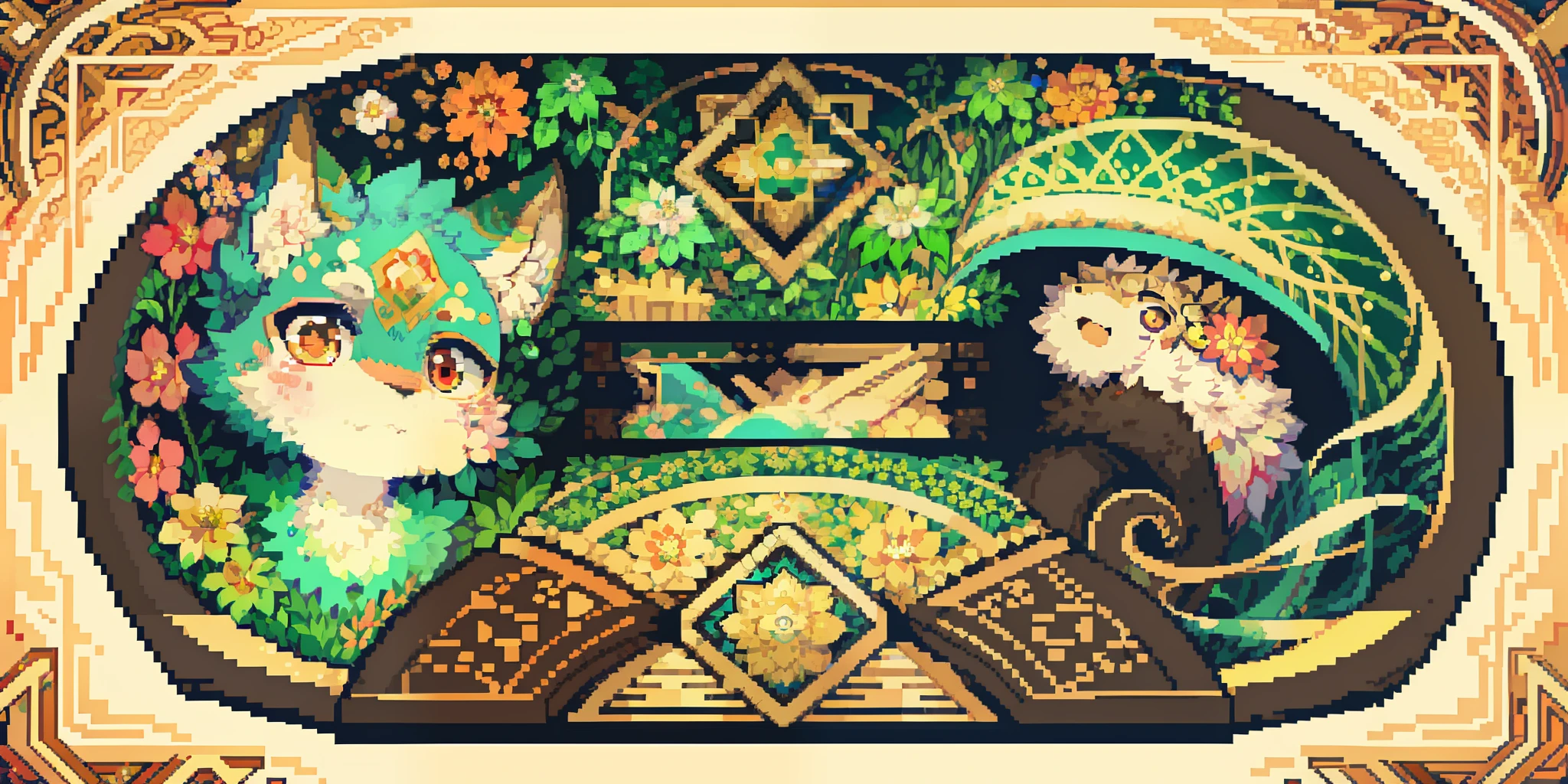 top quality, best quality, logo mark, stamp, Geometric pattern, vector-art, High-quality illustrations by Alfons Mucha, masterpiece(kemono, furry anthro)flower, pixel art,