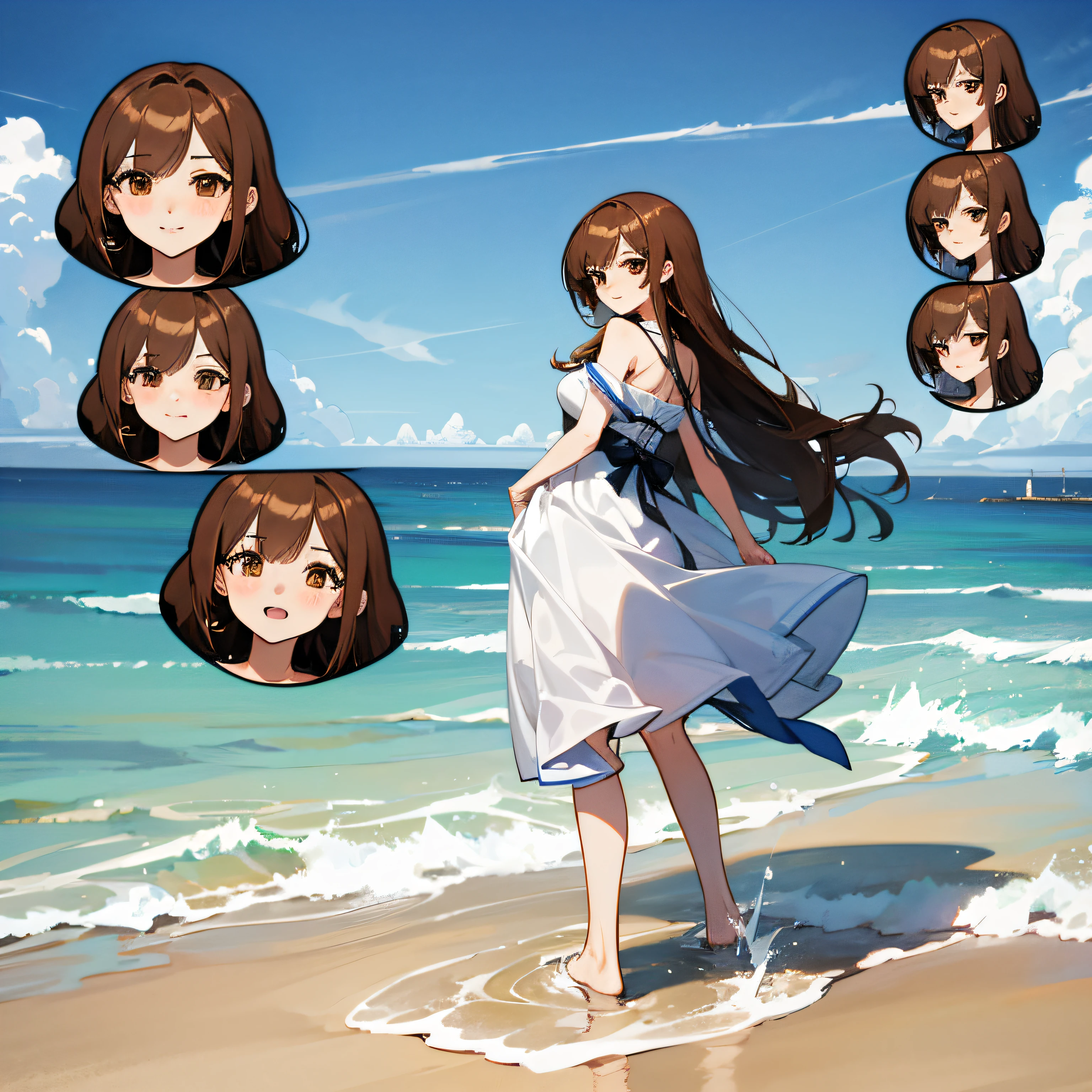 Anime older sister with long brown hair and brown eyes,standing at the beach, come from《I was trapped inside for a thousand years》comic strip, azur lane style,The wife is shy and shy,swimsuiti,Pose poss,Splashing splashes, fullbody pic,anime visual of a cute girl, Anime moe art style, anime goddess, Marin Kitagawa fanart --auto