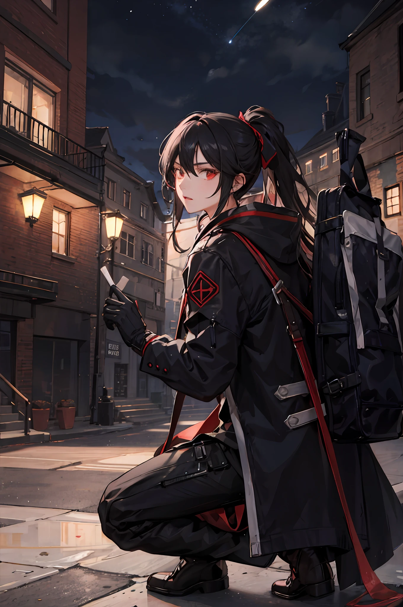 (((1 boy)),raytraced,(dimly lit by),[detailedbackground(Black night sky)),((cabelos preto e longos)),((black color hair)),(((((Black hair with fluffy hair))Wears a high ponytail)))Look straight ahead under the night sky((((The boy wears a crimson Tech-Inspired Assassin tights and a Tech-Inspired Mask)And wear naked finger gloves),Showing a delicate and capable body,Correct limbs,Half kneeling on the roof of the building
