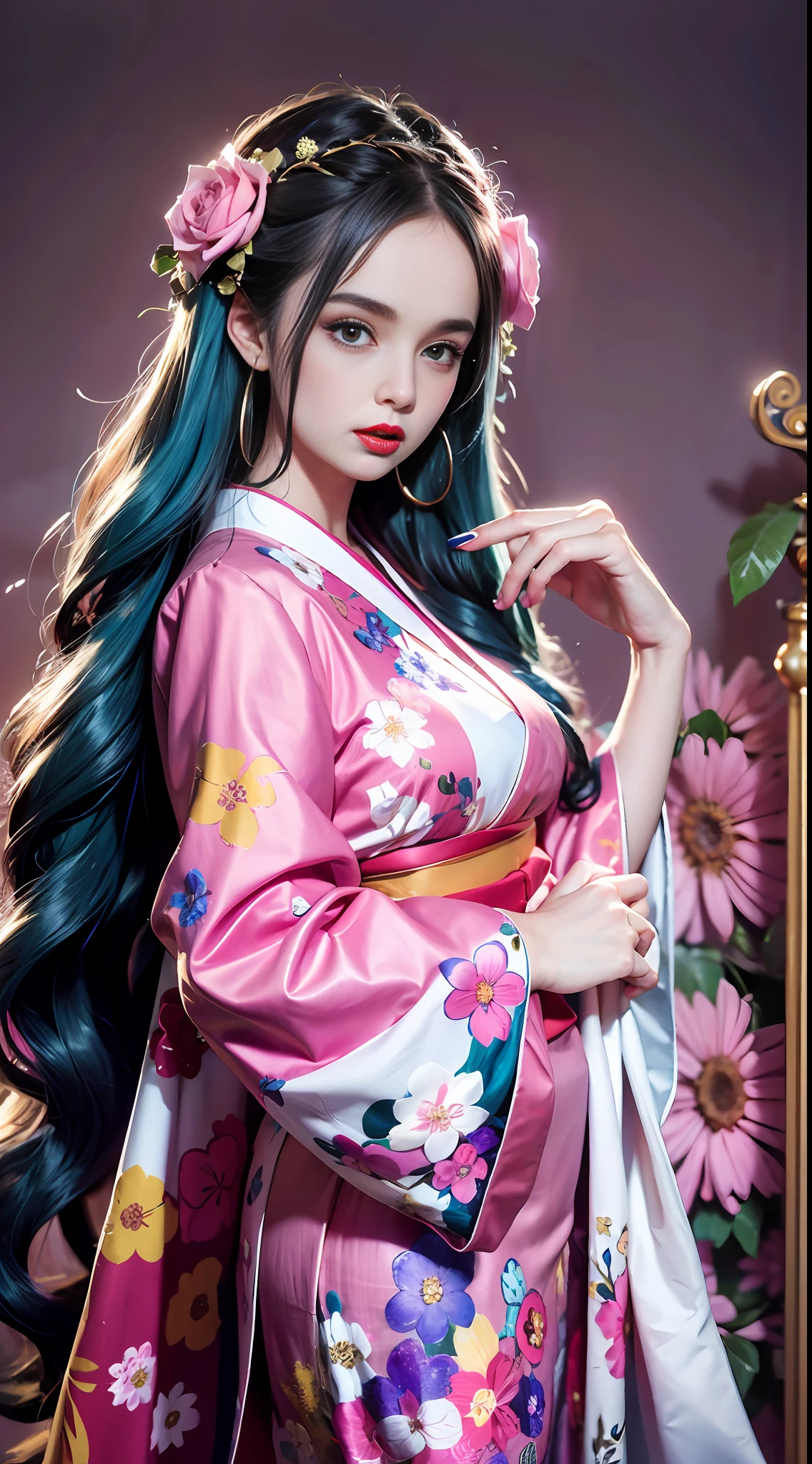 masterpiece, best quality,8k,highestres, absurdres, extremely detailed, Kozuki Hiyori, 1girl, solo, looking at viewer, Her hair was extremely adorned, with multiple flowers and pins attached to it, She wore an extremely opulent red furisode kimono that sparkles in the sunlight, with the sleeve adorned with a peacock and flowers on it, She has long turquoise hair that reaches her waist and blue eyes that are distinctively slanted at a downward angle, She wears fuchsia lipstick on her prominent lips, she is wearing a pink furisode kimono with purple flower designs along the sleeves and the bottom full body shot, ((castle background)),///,