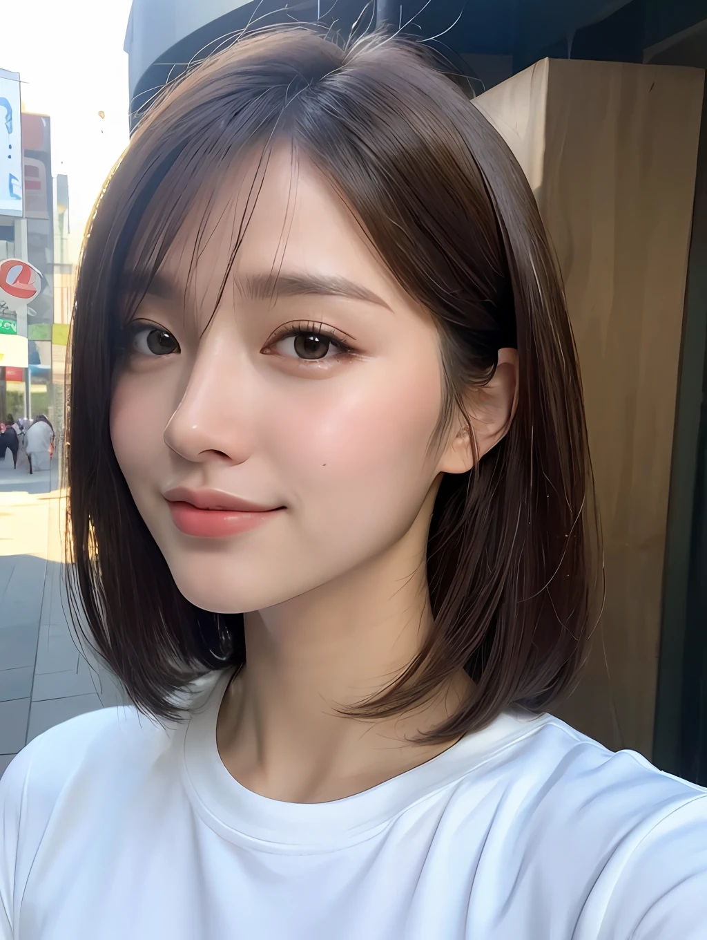 AI
(8k、RAW Photography、beste-Quality、masterece-piece:1.2)、Ultra-detailded、Super Resolution、(Realstic、real photographic:1.37)、portlate、High Definition RAW Color Photography、Professional Photography、highly detailed and beautiful、Heavily detailed、8K wallpapers、amazing detailed、huge filesize、Official Art、Highly detailed CG Unity 8k wallpapers、extremely detailed beautiful girl、very highly detailed face、olhos altamente detalhados、highlydetailed skin、extremely detailed fingers、extremely detailed nose、Highly detailed detailed mouth、Perfect Anatomy、highly detailed back ground、Highly detailed clothing、Girl 1 person、(18:1.2)、Teen、A pretty girl、famous Japan idol、a Pretty、Realistic body、small nipple柄、White Skin Skin、shining skin、Slim body、handsome body、Brown-haired、Short constricted curly hair、(Blunt bangs:1.2)、smile on face、kawaii、zora々Right、pretty face、lifelike face、Delicate eys、Sauce order、White T-shirt、skirts、耳环、Looking at the camera、cow-boy shot、front facing、Standing、Contrapo, Street, public, dynamic lighting,
