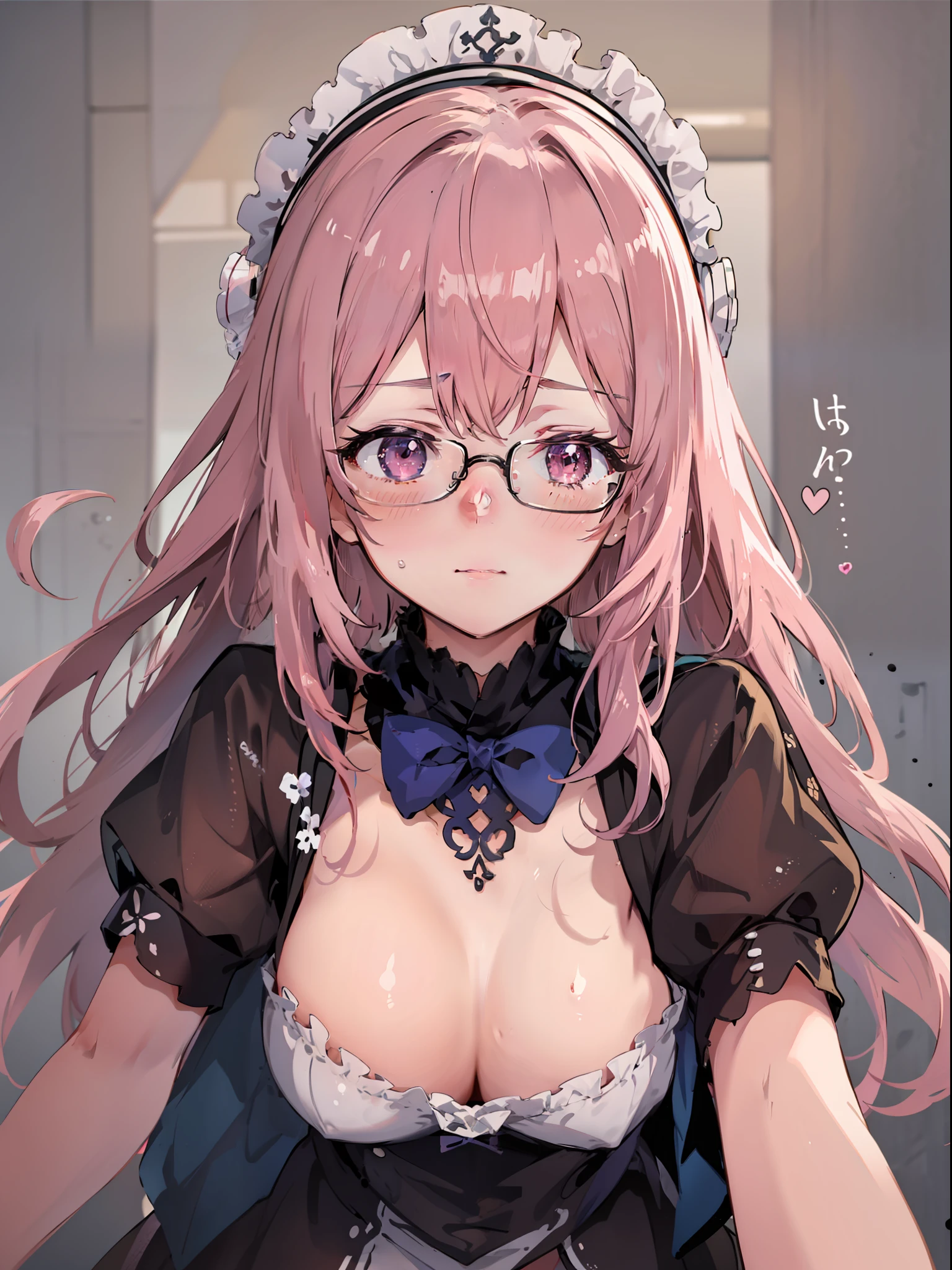 pink hair, heart ahoge, maid headdress, bespectacled, half-closed eyes, shy, blush, ear blush, full blush, tachi-e, pov, lens flare, Eye-Level Shot, Sony FE GM, chiaroscuro, cinematic lighting, drop shadow, stereogram, anime style, UHD, masterpiece, textured skin, anatomically correct, high quality, high details, highres, 16k，An anime girl，Very shyly covered her cheeks