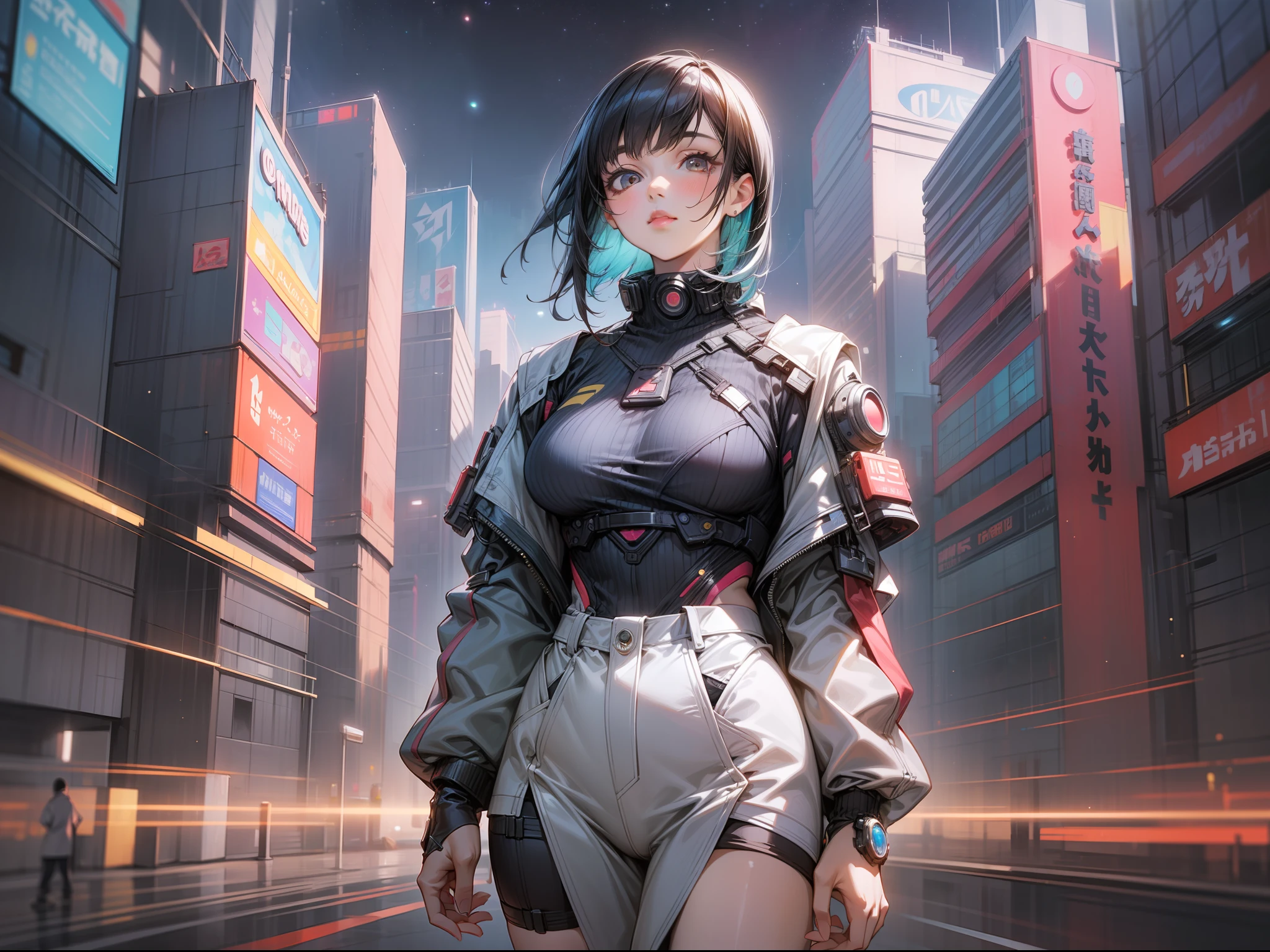 (A masterpice)、specifics、12K、((Full-body photo from head to toe))、Tight and cool looking girl、short dark hair、Colorful inner hair、Realistic and sharp details、portrait shooting、Super Intricate Details、Ultra-fine details、Standing in the cyberpunk city of Tokyo, Super beautiful sunny sky of galaxy with multiple starry sky.