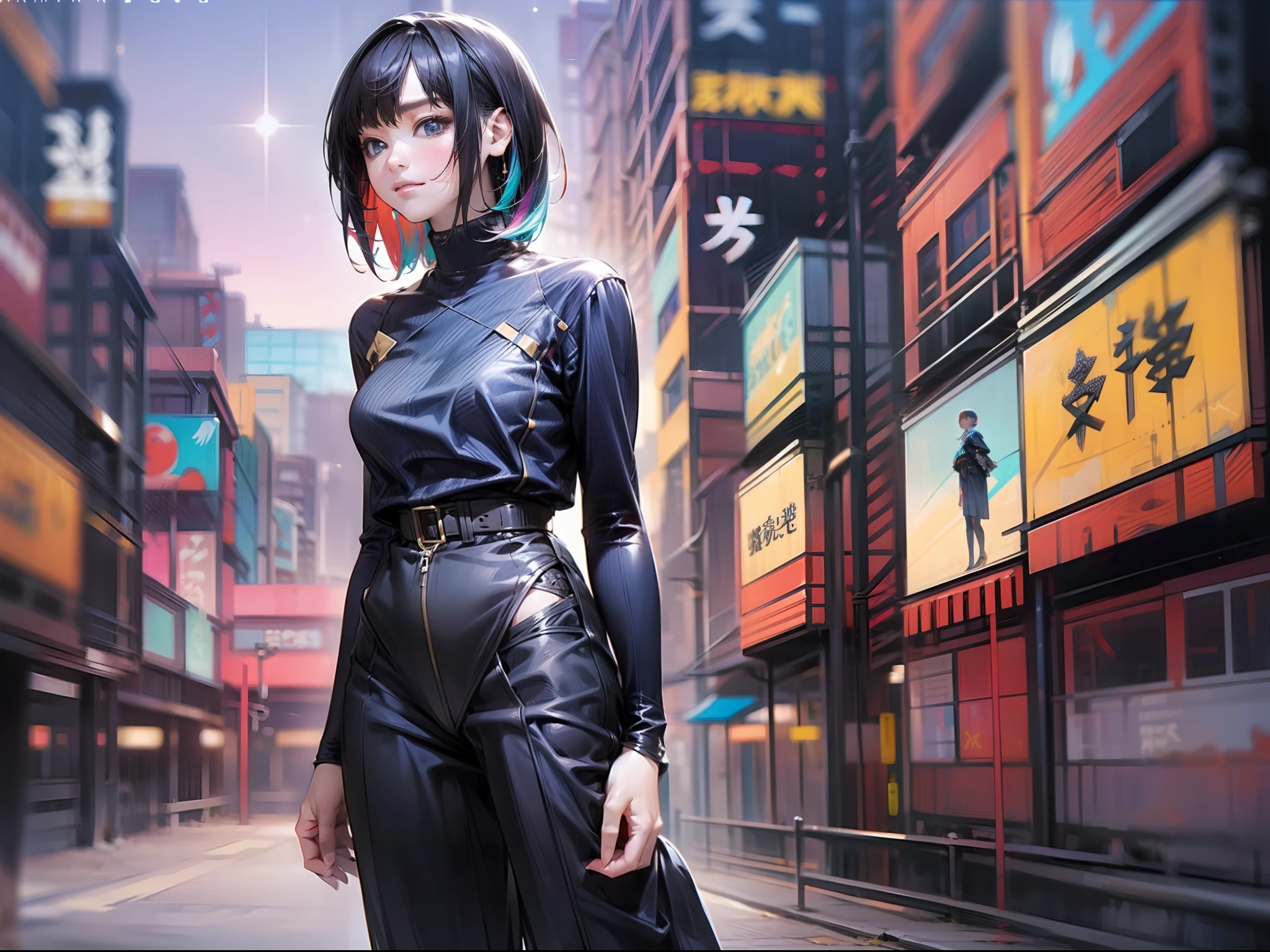 (A masterpice)、specifics、12K、((Full-body photo from head to toe))、Tight and cool looking girl、short dark hair、Colorful inner hair、Realistic and sharp details、portrait shooting、Super Intricate Details、Ultra-fine details、Standing in the cyberpunk city of Tokyo, Super beautiful sunny sky of galaxy with multiple starry sky.