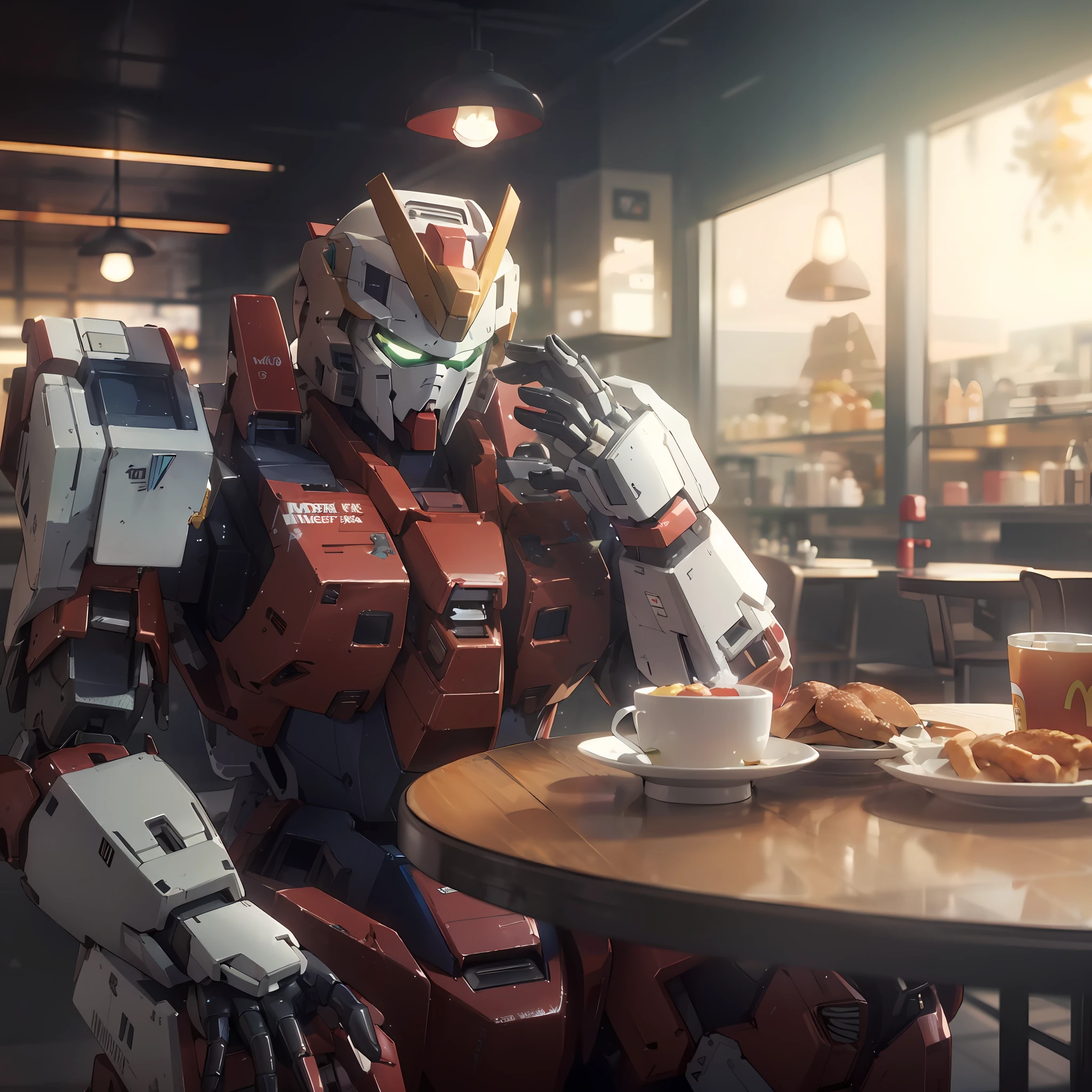 Mech Gundam sits at the table,Holding a plate of food in his hand, a mcdonalds gundam, fine details 8k octane rendering, cinematic shot ar 9:16 -n 6 -g, 8k octane unreal render, rendered in unreal 5, octane 8 k render, octane 8k render, hyperealistic octane render, 8 k octane detailed render