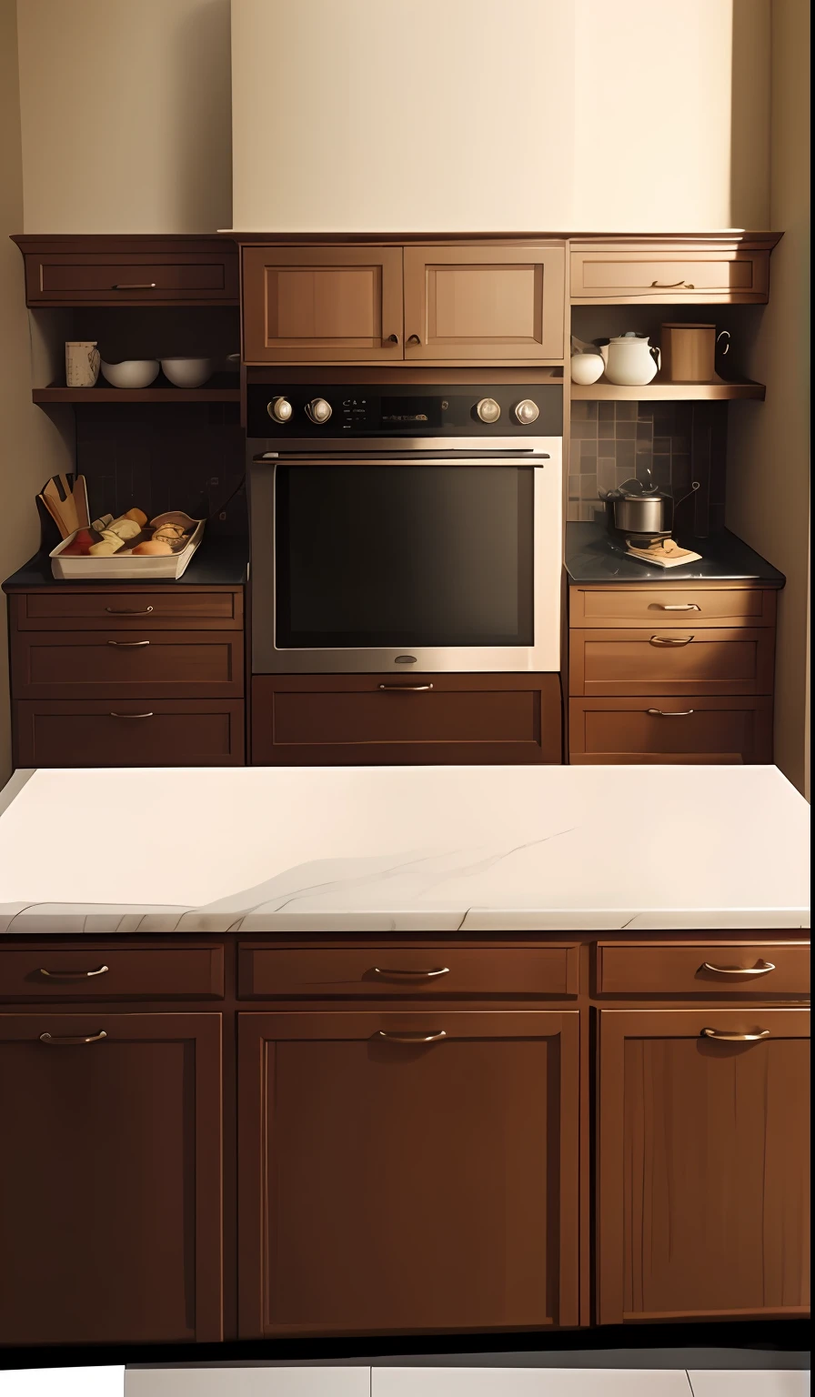 The kitchen with wooden cabinets is equipped with an oven。, kitchen counter, artistic pose, marble countertops, old kitchen backdrop angled view, scenic full shot, glossy surface, polished white marble, exquisite marble details, rectangle white porcelain table, a wide full shot, natural wood top, 3/4 view, 3 / 4 view, detailed wide shot， sleek streamlined design, an award winning masterpiece, exquisitedetails, Soft natural light, Bottom angle, close establishing shot, unbeatable quality, hyperrealistic”, ultra realistic”, detailed wide shot, exquisite fine details, Incredible quality, immaculately detailed, true realistic image, professional unique masterpiece, subtle detailing，