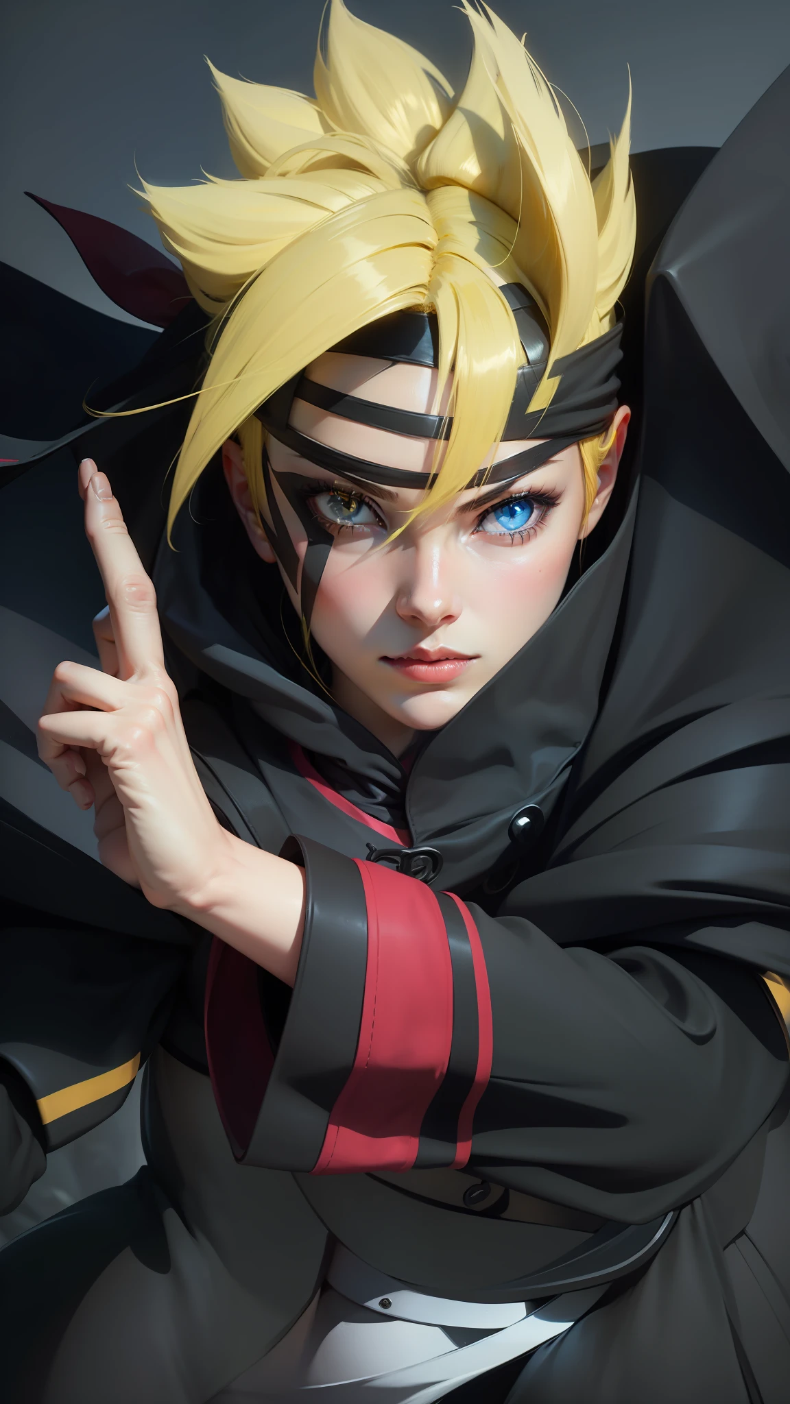 Hair yellow,black clothes, Black cloak, Blue eyes, black headband