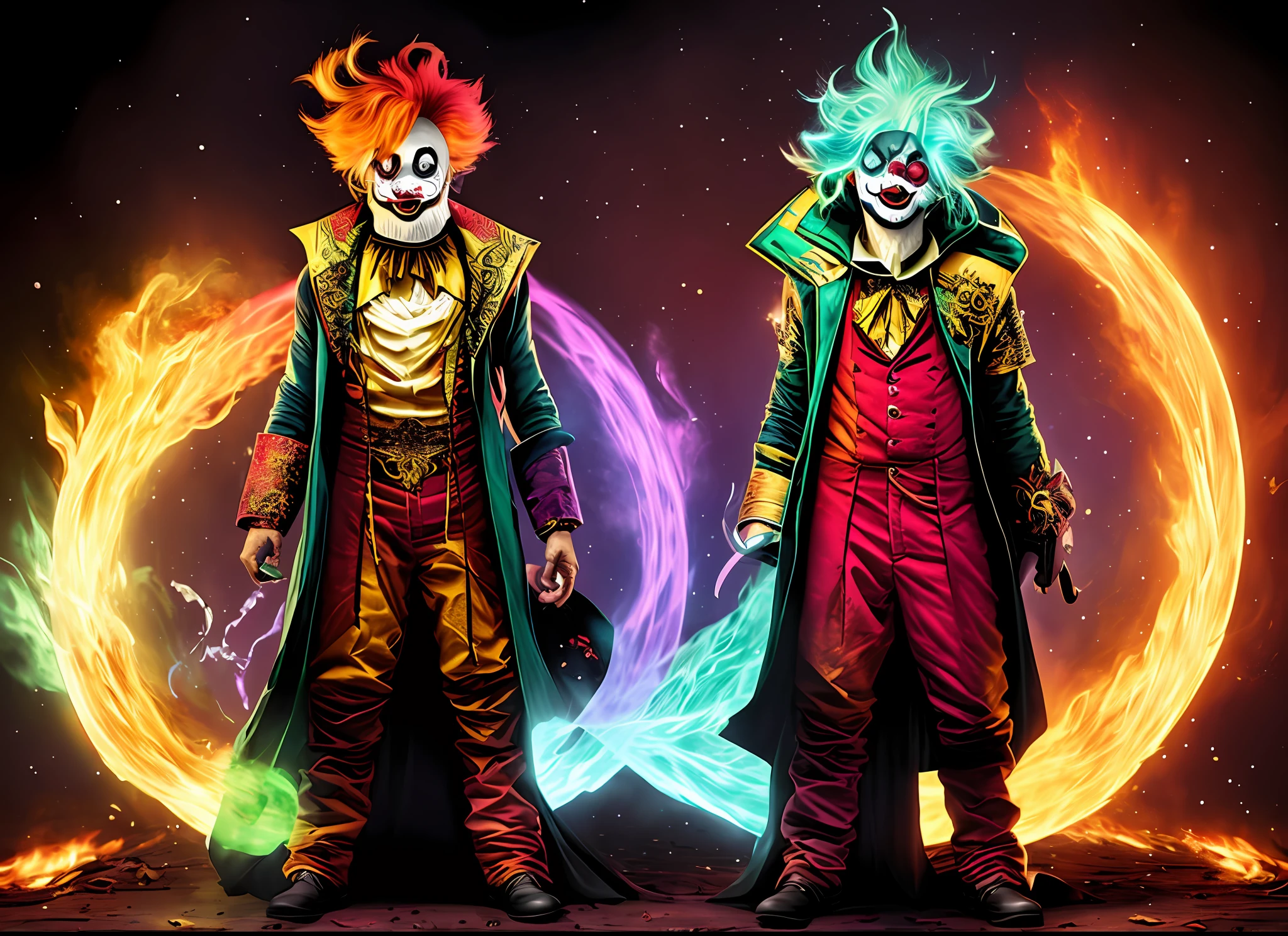 A mystical and sinister clown who practices black magic using an archaic language and summons green flames. It has a look inspired by Adventure Time cartoons and weircore trends/webcore/clowncore do Pinterest, com cores vibrantes, Bizarre accessories and a malicious expression. He stands cross-legged in a magic circle full of clown-like symbols and objects, like balloons, Bolos, narizes vermelhos e buzinas. He has a somewhat anxious expression that hides immense power, e seus olhos brilham com uma luz verde."