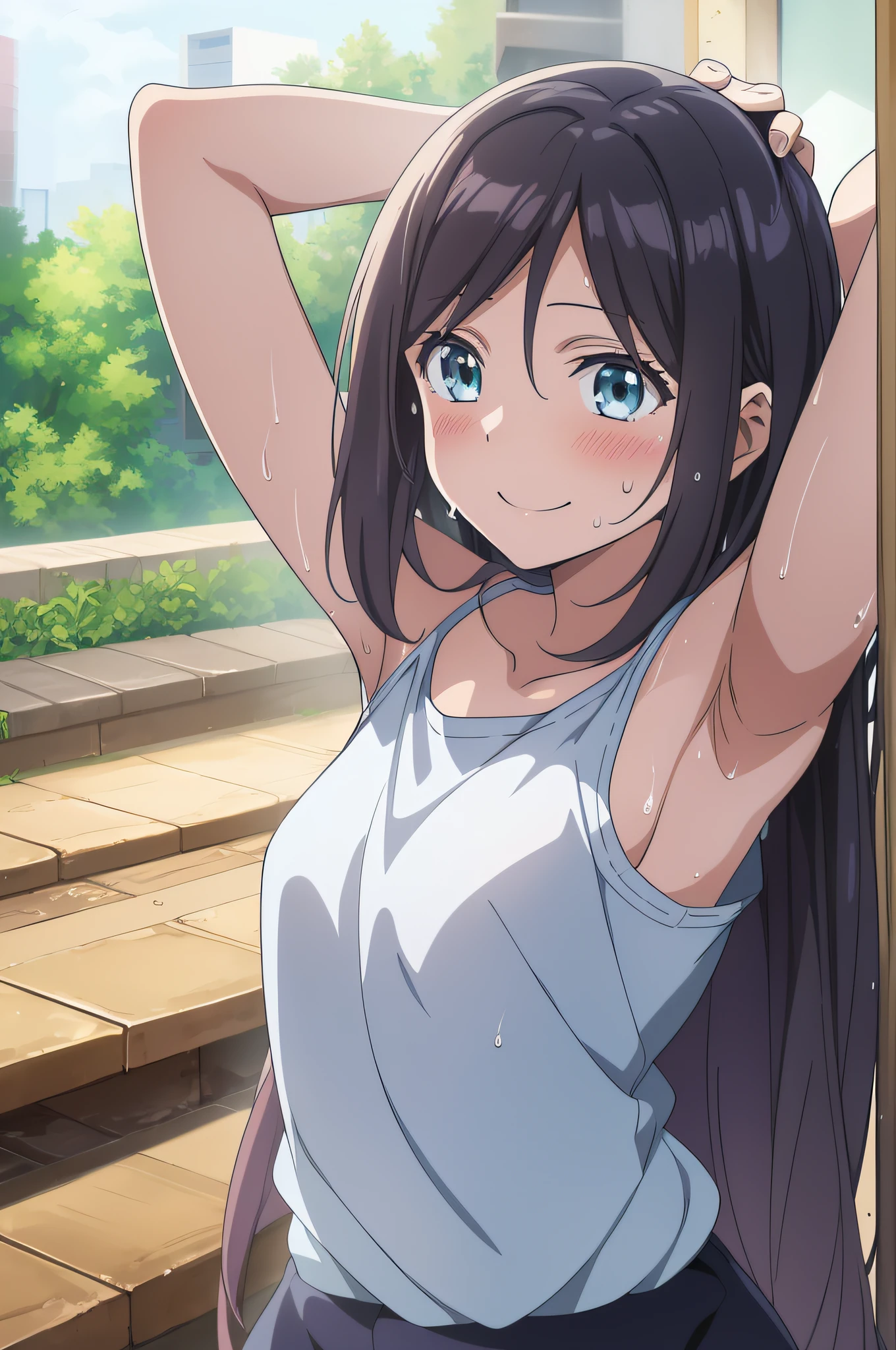 (beste-Quality,アニメ,Anime Art Style:1.2), Young girl, ars, the sweat,looking away,Looks fun、smile on face,Sleeveless、Powerful angles、Beautiful movement