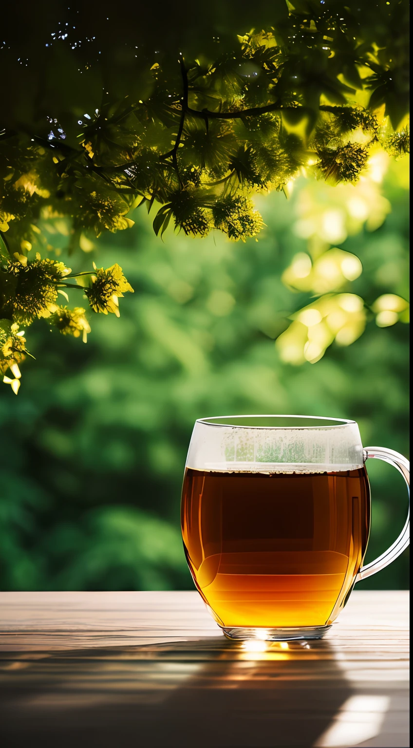 brimming with sunshine, A glass of tea in it, In the distance are green trees, high detail, Contemporary art, chiaroscuro, depth of field, reflection light, ray tracing, negative space, panorama, Fujifilm, UHD, anatomically correct, high details --auto