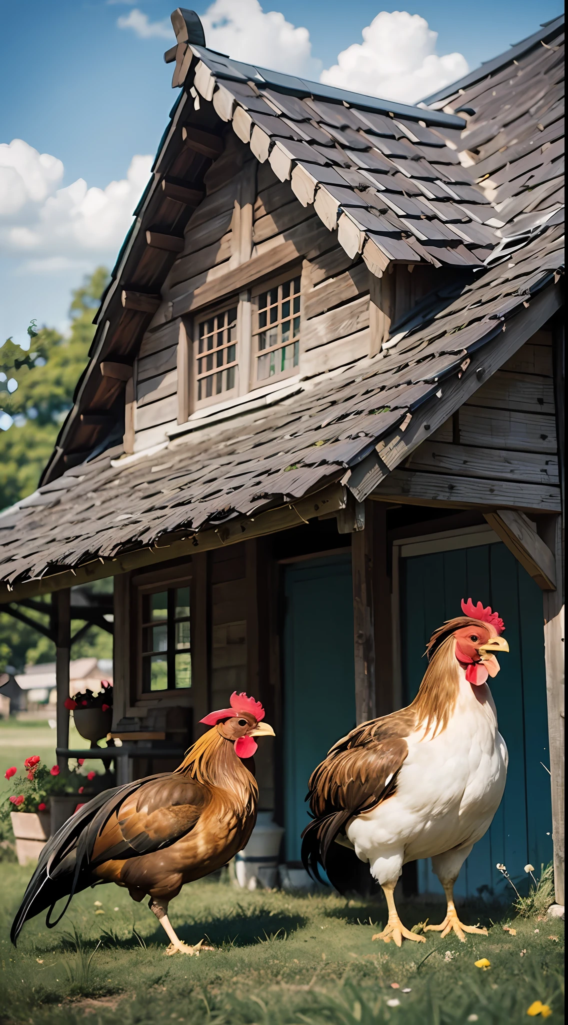 (chicken),The red-yellow rooster stands above the farmhouse of the village,(Side vista:1.2),blue sky with white clouds,The Sun,Realistic style,(Faraway view:1.1),(最佳质量:1.3),(nmasterpiece:1.3),(pphotorealistic:1.4),(specifics:1.3),exquisitedetails,Rich picture layers,open mouth with,clear outlines,beatifull,Perfect details,最佳质量,Highest image quality,high resolucion,high-definition,16k,8K,ultra high def,hdr,HD