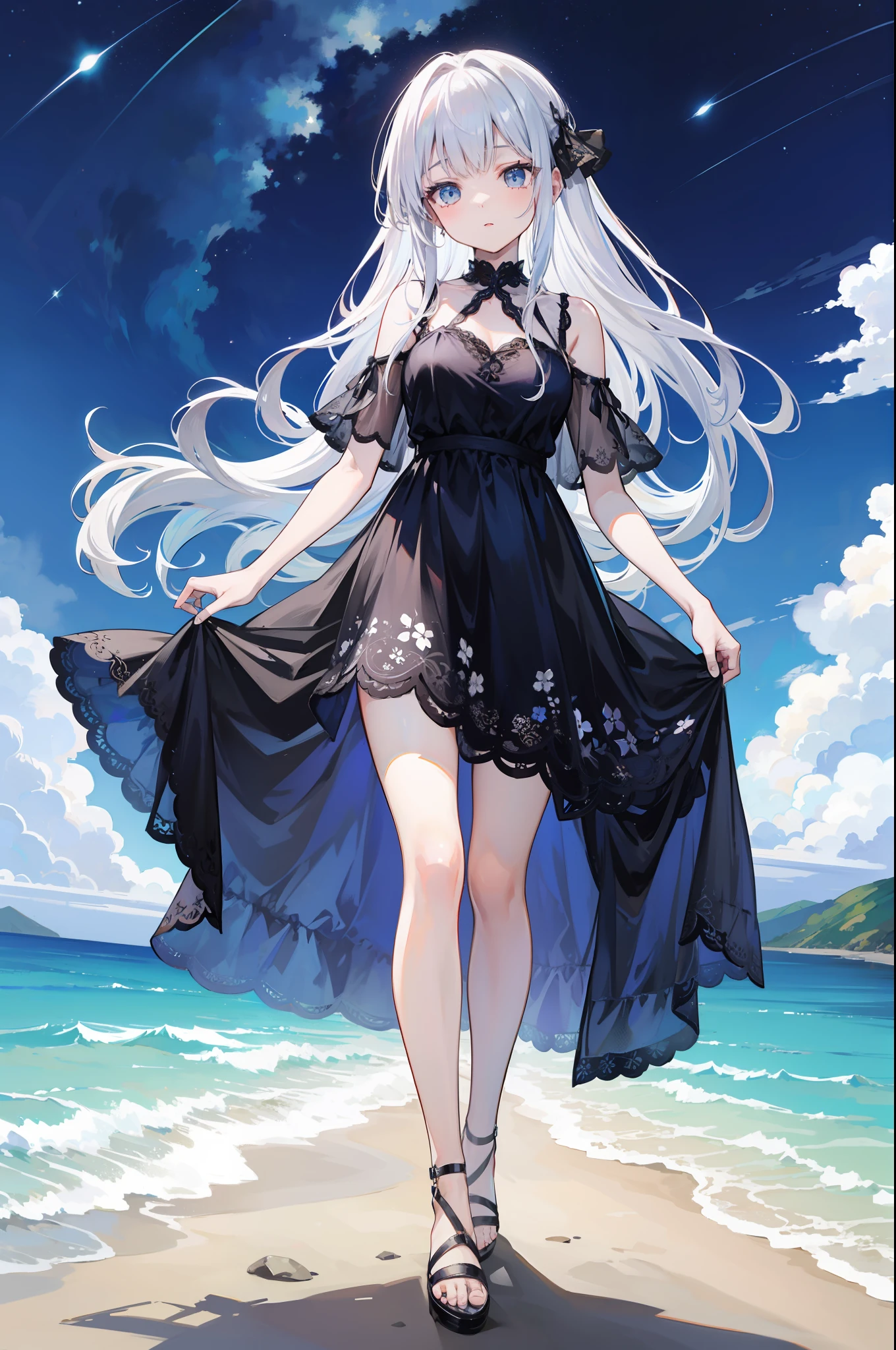 Diagonal angle from below,Full body,Animated picture, Full View, very beautiful girl about 20 years old, model with high head height, shiny silver hair, walking on the beach in the sea at night with full of stars, dark beach lit only by stars and moonlight, starry sky clearly visible, dress with beautiful lace and sheer floral pattern, Hair and skirt fluttering in the wind, Extremely high quality, High image quality, extremely delicate writing