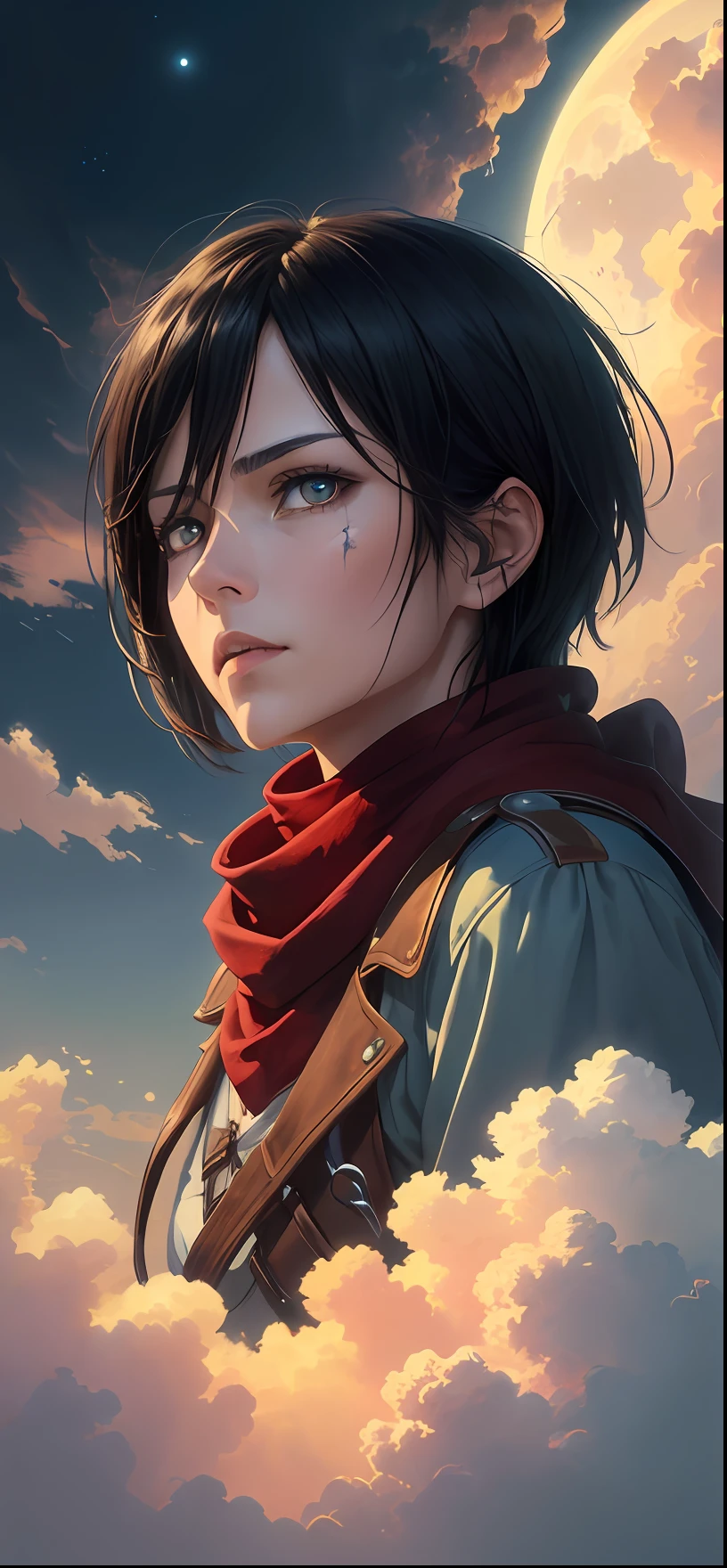 ((best quality)), ((masterpiece)), (detailed), mikasa ackerman, black hair, black eyes, horror beauty, perched on a cloud, (red scarf), (fantasy illustration:1.3), enchanting gaze, captivating pose, delicate scars, otherworldly charm, mystical sky, (Luis Royo:1.2), (Yoshitaka Amano:1.1), moonlit night, soft colors, (detailed cloudscape:1.3), (high-resolution:1.2)