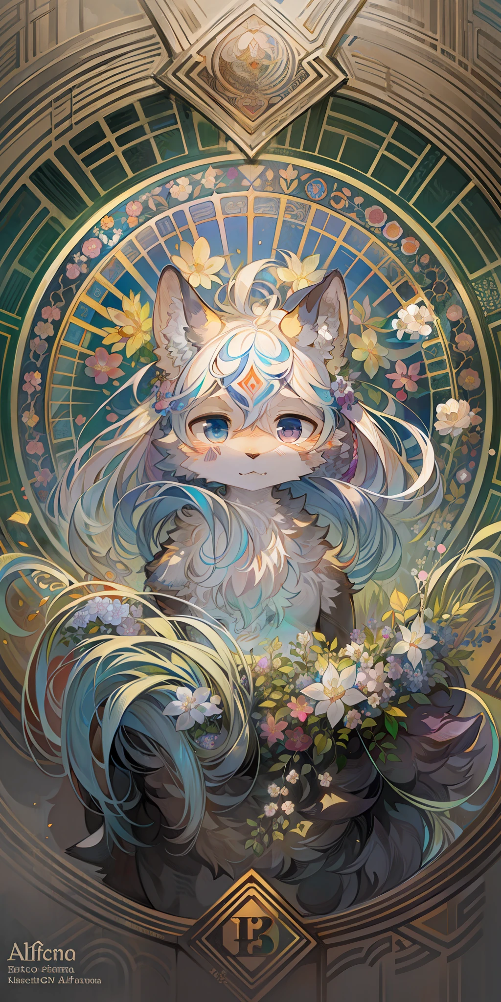 top quality, best quality, logo mark, stamp, Geometric pattern, vector-art, High-quality illustrations by Alfons Mucha, masterpiece(kemono, furry anthro)flower,
