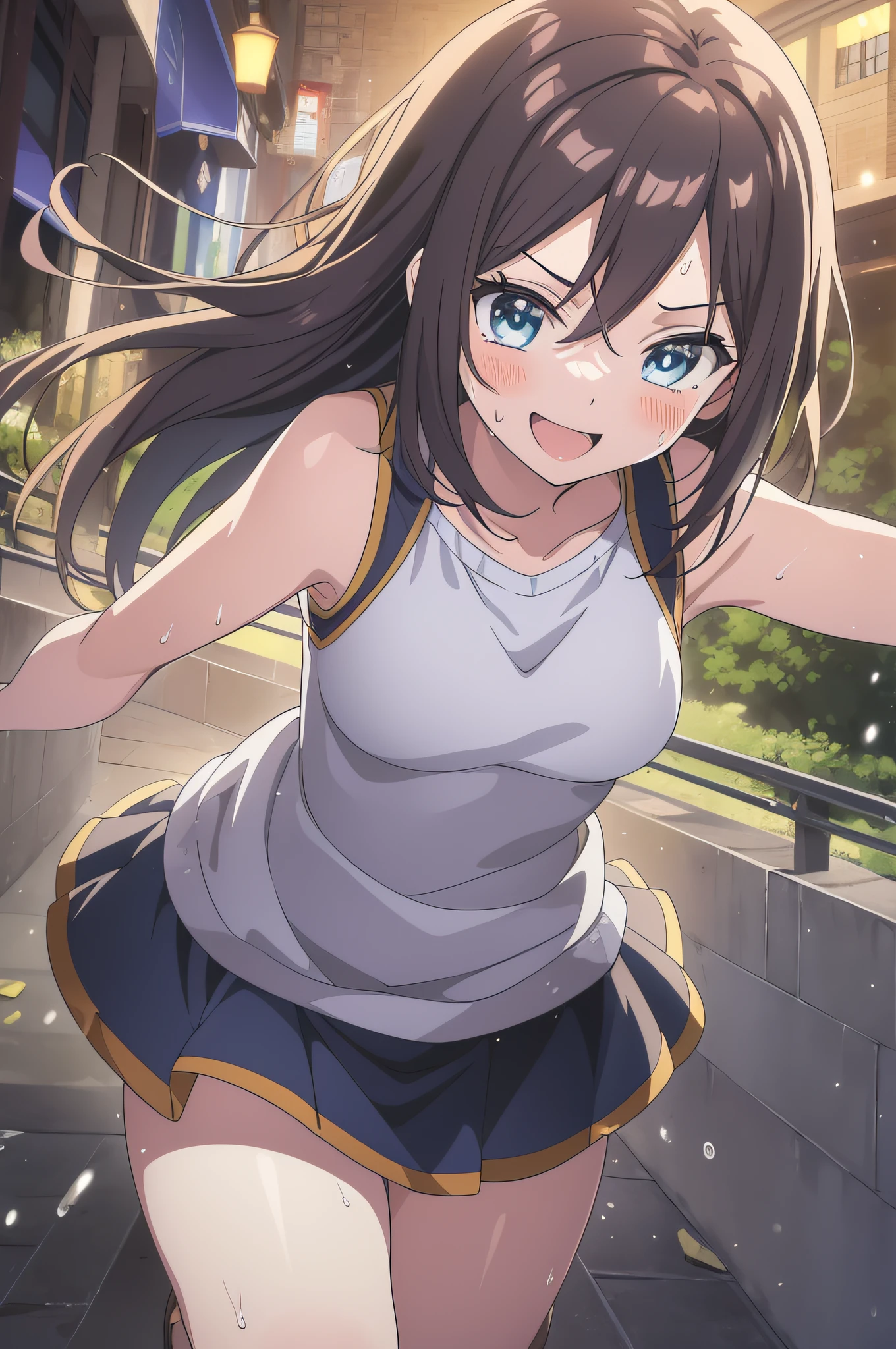 (beste-Quality,アニメ,Anime Art Style:1.2), Young girl, 13years, the sweat,looking away,Looks fun、smile on face,Sleeveless、Powerful angles、Beautiful movement