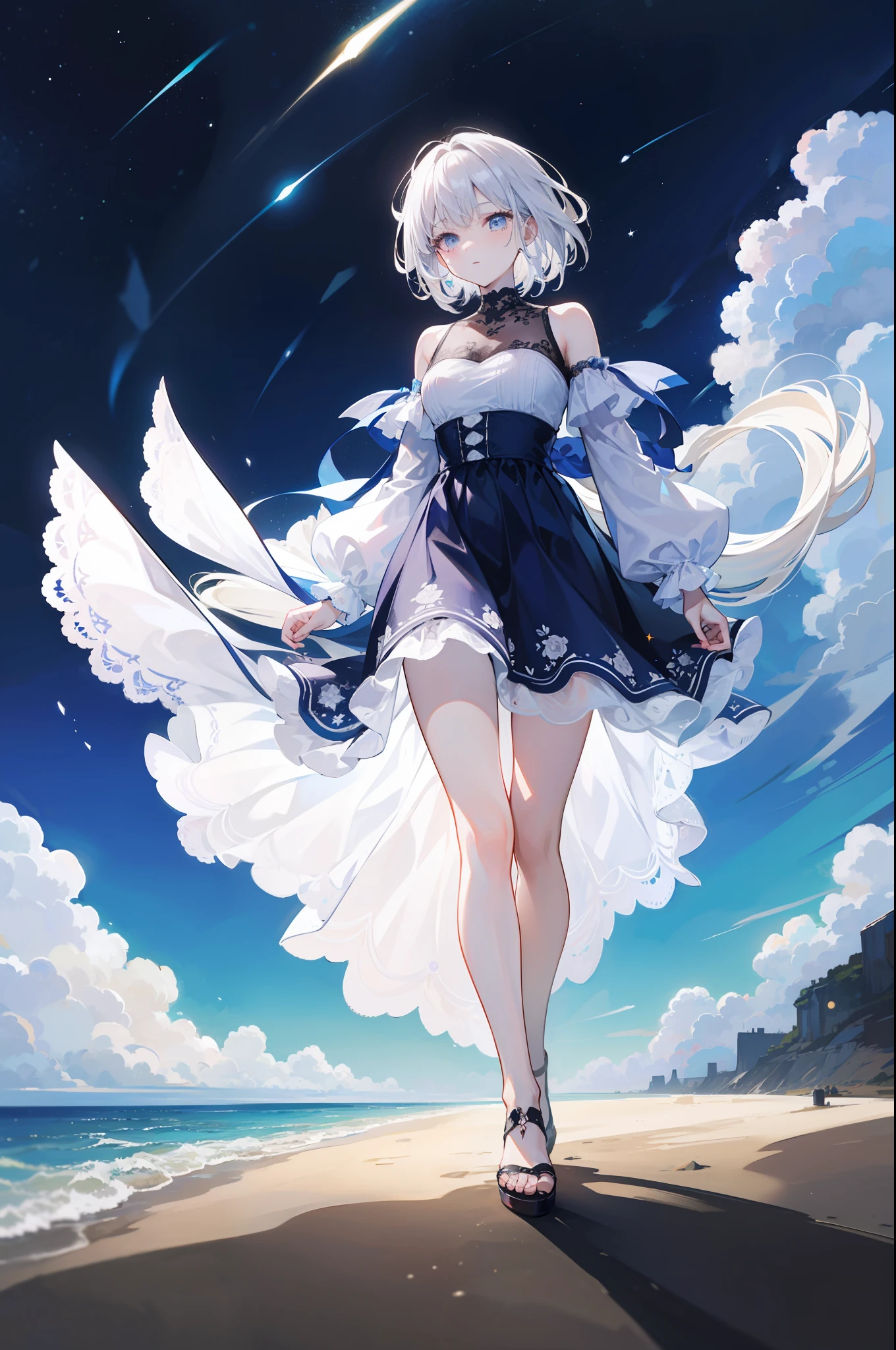 Diagonal angle from below,Full body,Animated picture, Full View, very beautiful girl about 20 years old, model with high head height, shiny silver hair, walking on the beach in the sea at night with full of stars, (dark beach lit only by stars and moonlight), starry sky clearly visible, dress with beautiful lace and sheer floral pattern, Hair and skirt fluttering in the wind, Extremely high quality, High image quality, extremely delicate writing