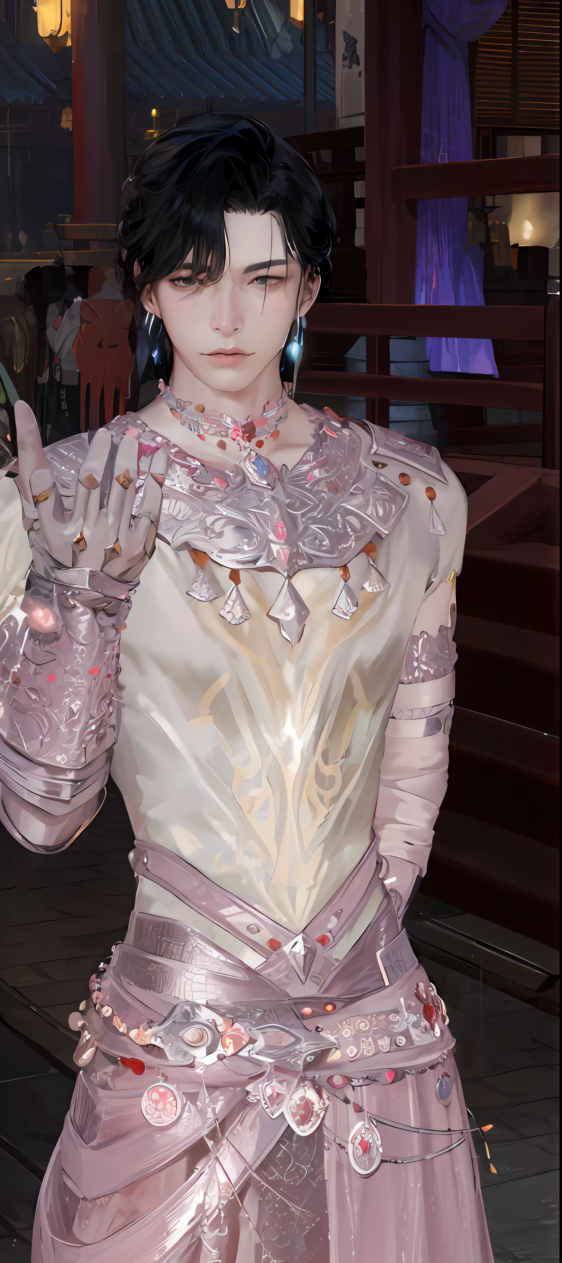 There is a man in a pink dress posing for a photo, wearing shiny breastplate, Pearlescent skin, slick pink armor, wearing ornate armor, photogenic details on armor, detailed upper body, wearing gilded ribes, intricate iridescent opal armor, wearing pink floral chiton, streamlined pink armor, matte pink armor, gorgeous clothing, wearing diamond armor