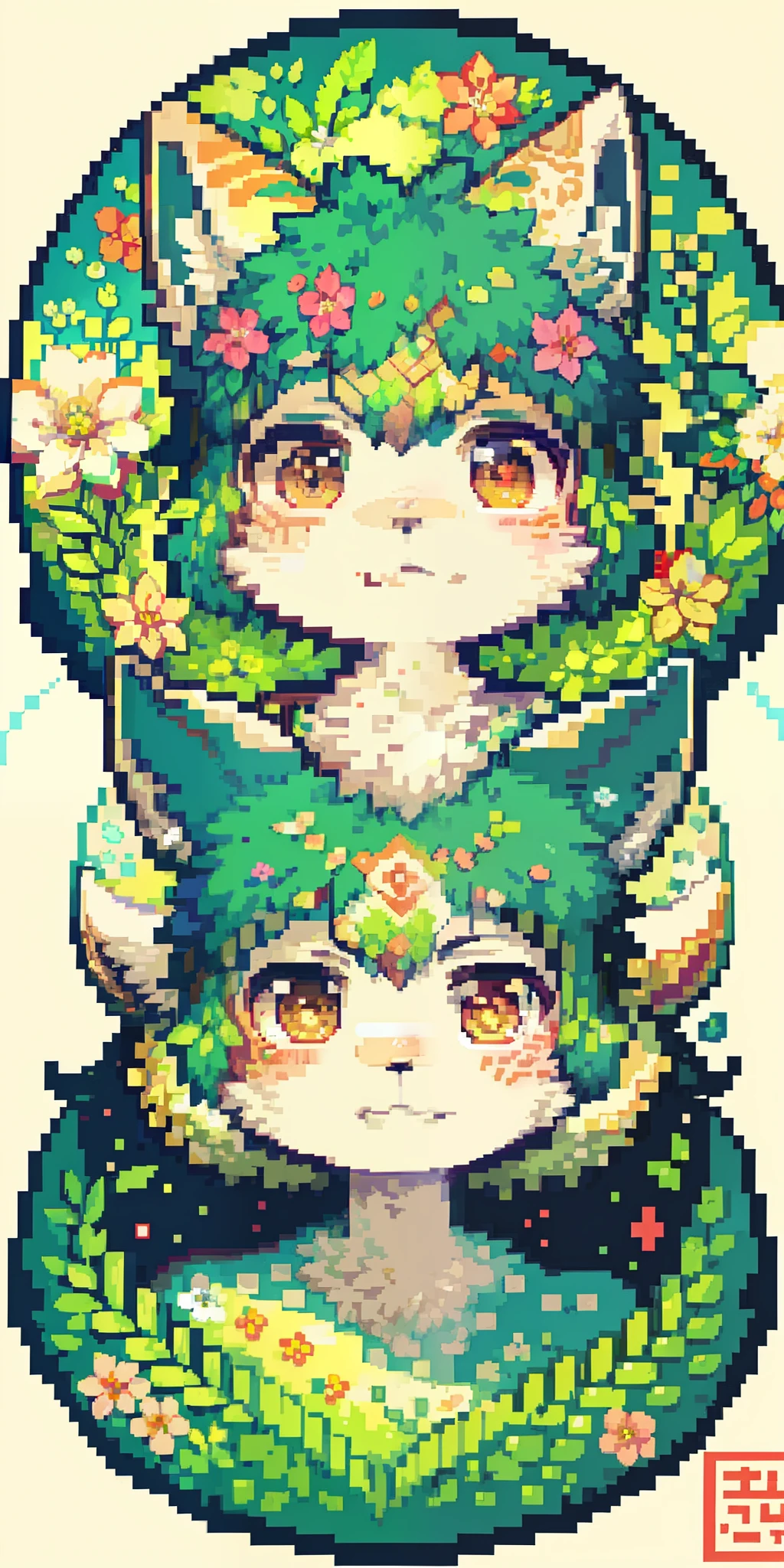 top quality, best quality, logo mark, stamp, Geometric pattern, vector-art, High-quality illustrations by Alfons Mucha, masterpiece(kemono, furry anthro)flower, pixel art,