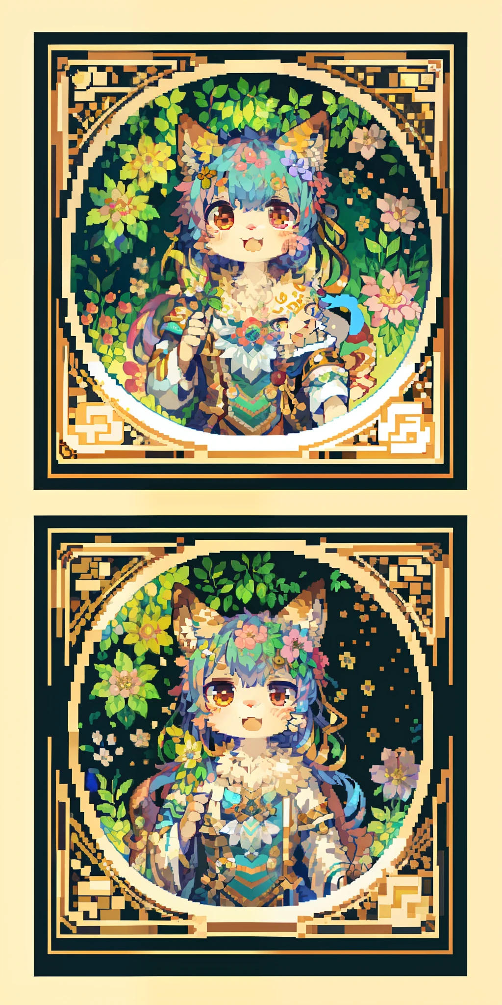 top quality, best quality, logo mark, stamp, Geometric pattern, vector-art, High-quality illustrations by Alfons Mucha, masterpiece(kemono, furry anthro)flower, pixel art,