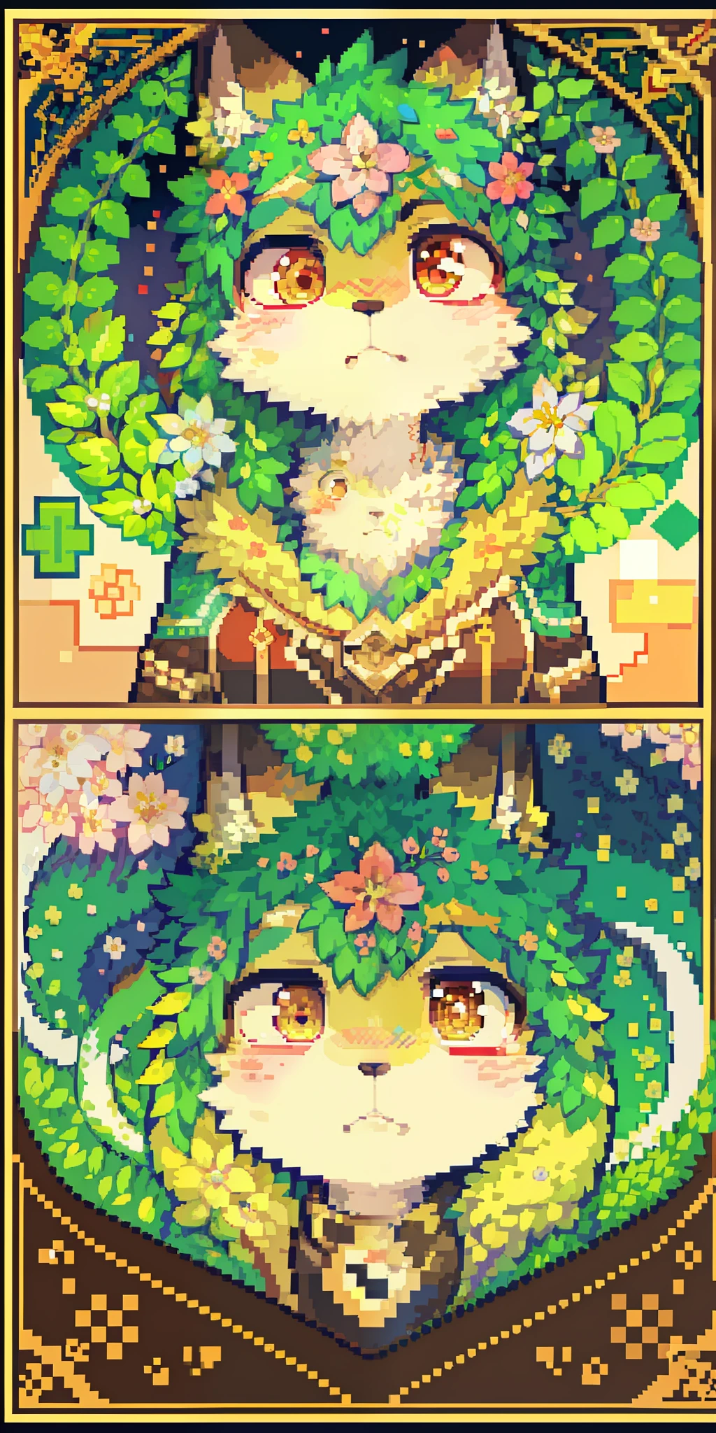 top quality, best quality, logo mark, stamp, Geometric pattern, vector-art, High-quality illustrations by Alfons Mucha, masterpiece(kemono, furry anthro)flower, pixel art,