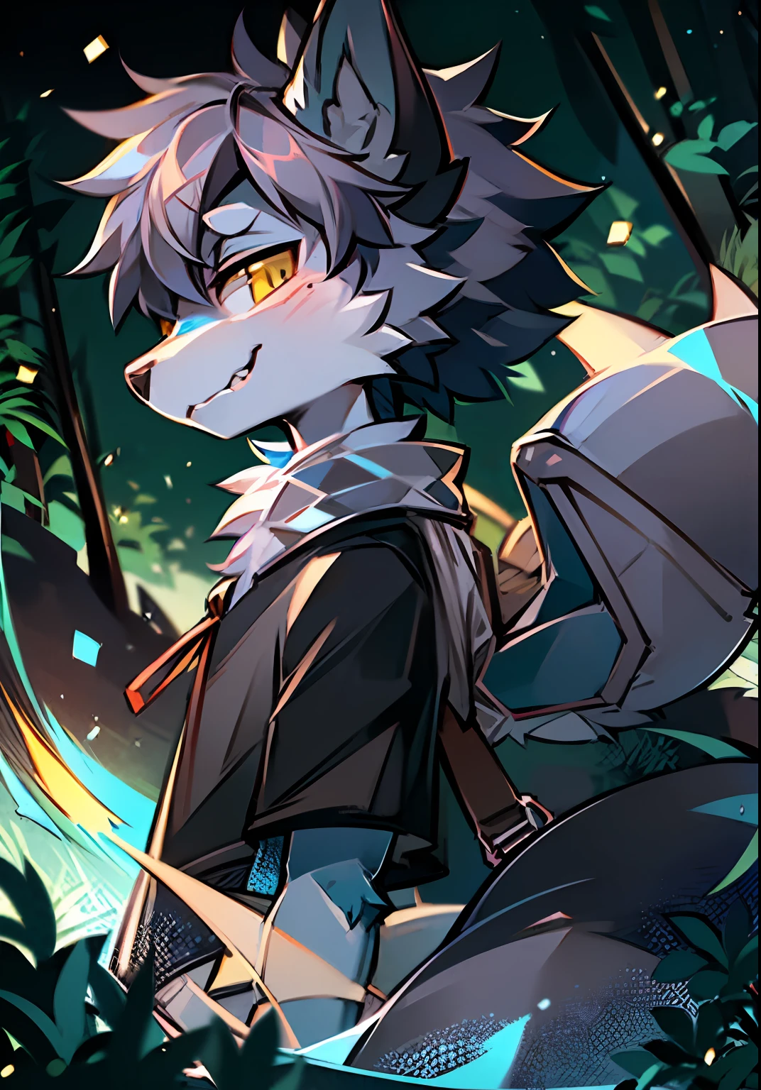 eyes with brightness, the panorama, Character focus ,Full body like,独奏, shaggy, Furry male wolf(Dragon and wolf combined), Male blue skin, One blue and one yellow eye,A pair of dragon wings, Gray hair(The long),In the forest,Wear short sleeves,Gray shorts,Young style,Height one meter seven,Handsome, There is a dragon tail,high-definition,8K,1440*2048