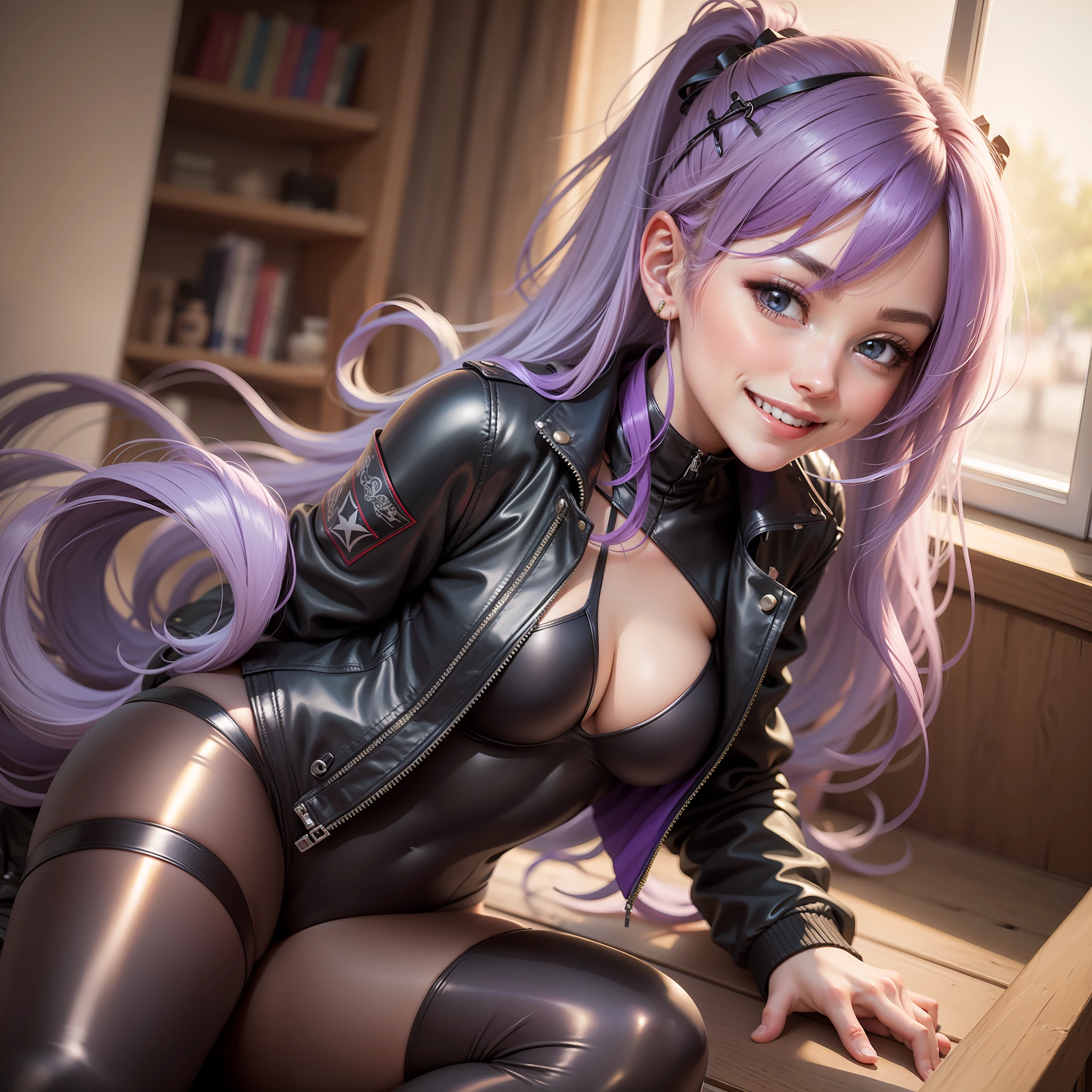 Wearing a leather jacket over a bodysuit　babes　smile on face　Long　smile on face　beautiful a girl　ponie tail　Purple hair　the best quality　A masterpice　beautiful a girl