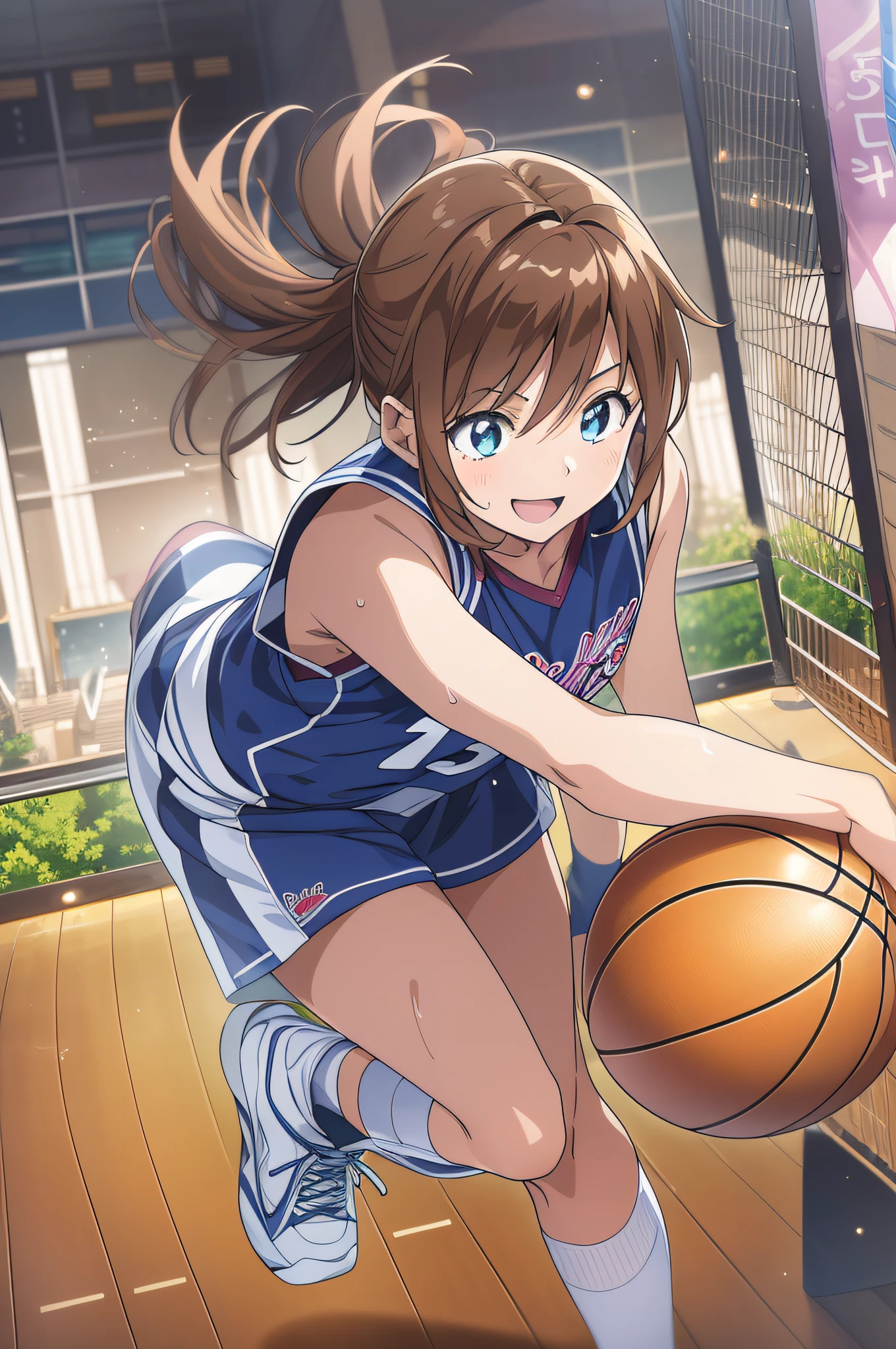 (beste-Quality,アニメ,Anime Art Style:1.2), Young girl, 13years, the sweat、Playing Basketball,Intense angle、Speedy movement,looking away,Looks fun、smile on face