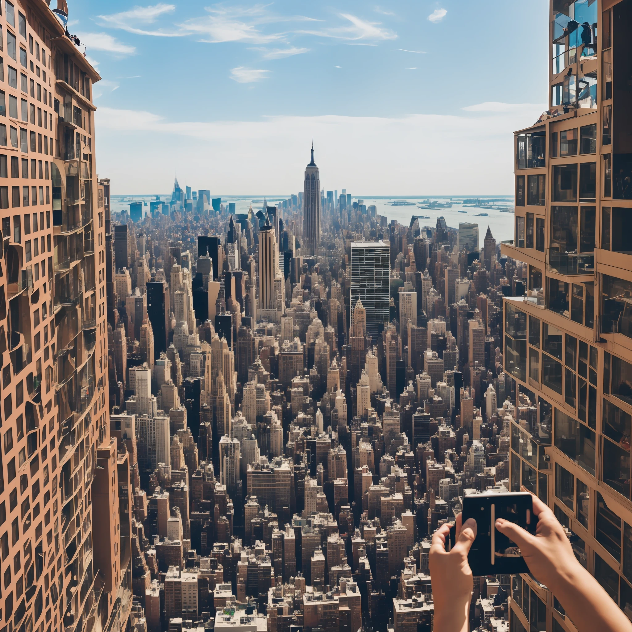 Child taking picture of new york from the terrace of a building. --auto