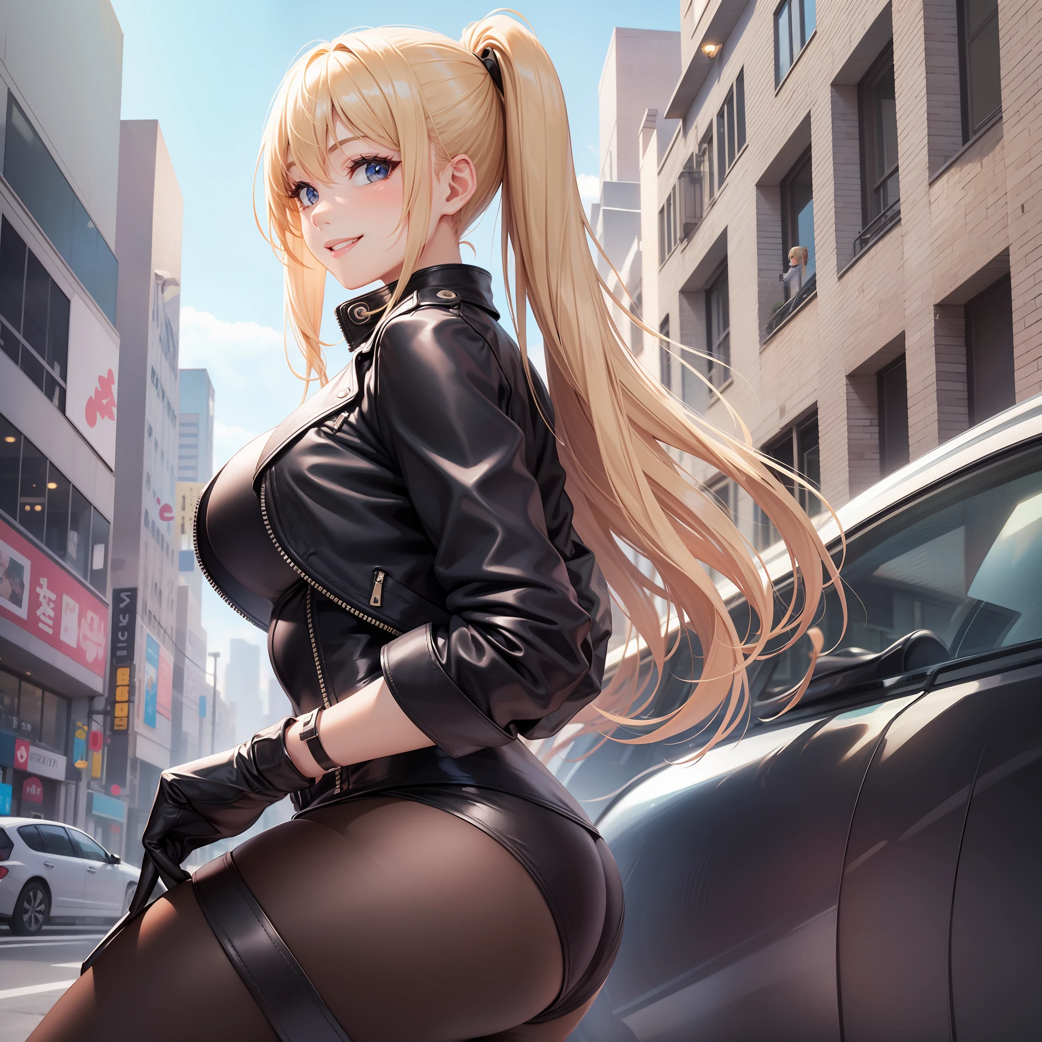 Wearing a leather jacket over a bodysuit　babes　smile on face　Long　smile on face　beautiful a girl　ponie tail　a blond　the best quality　A masterpice　beautiful a girl