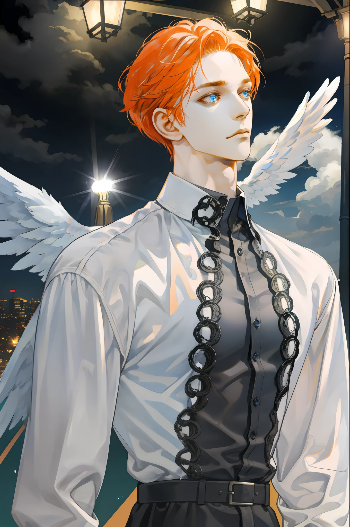 masterpiece, best quality, 1 male, solo, adult, handsome, tall muscular guy, broad shoulders, finely detailed eyes and detailed face, extremely detailed CG unity 8k wallpaper, intricate details, very short hair, 1male, extremely detailed, light blue eyes color, bright orange hair, short and slightly curly, sad eyes, angel, white shirt, angel wings closed, rain, street lights, dark sky